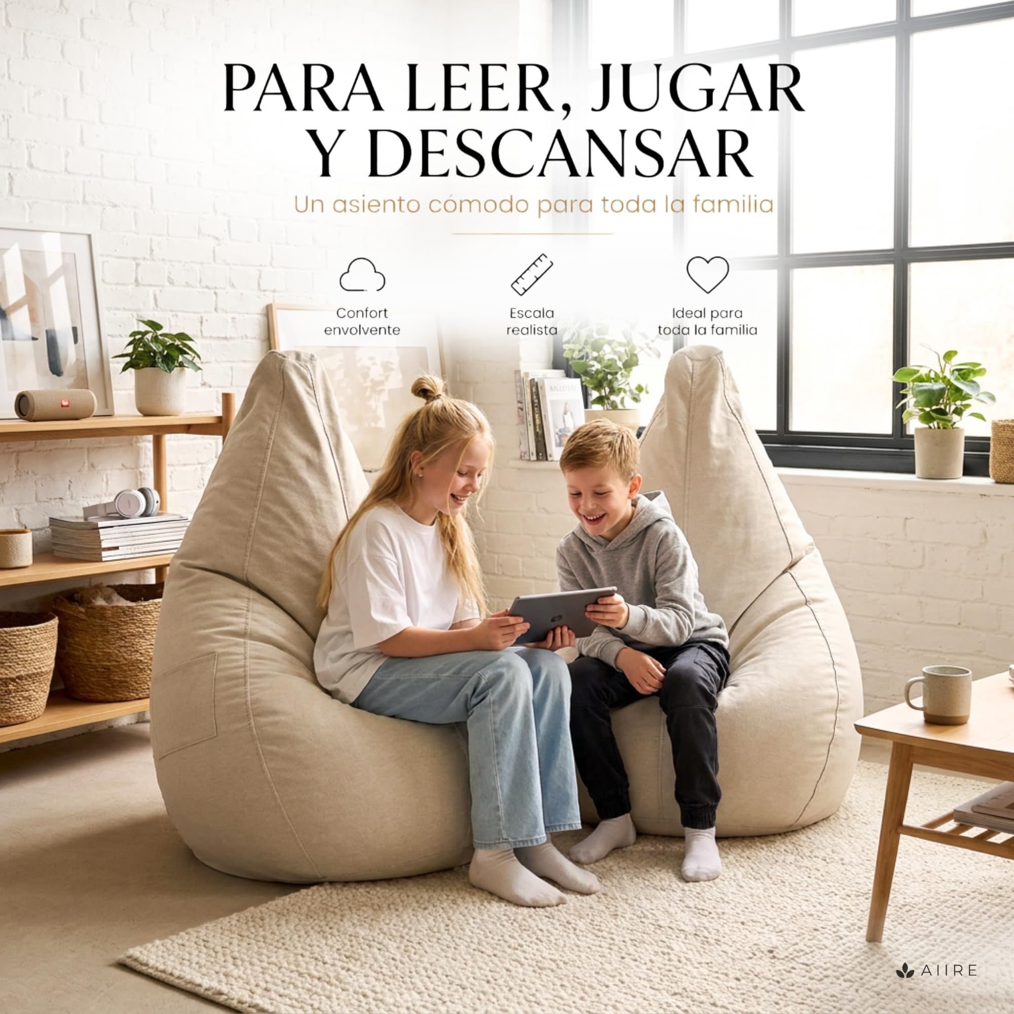 Aiire Puff Pera con Relleno Incluido - Puff Gamer Moderno de Diseño - Niño o Adulto para Salon o Habitación Juvenil - Sillón Puf Infantil XXL Adolescente - Puffs en Algodón Premium Beige