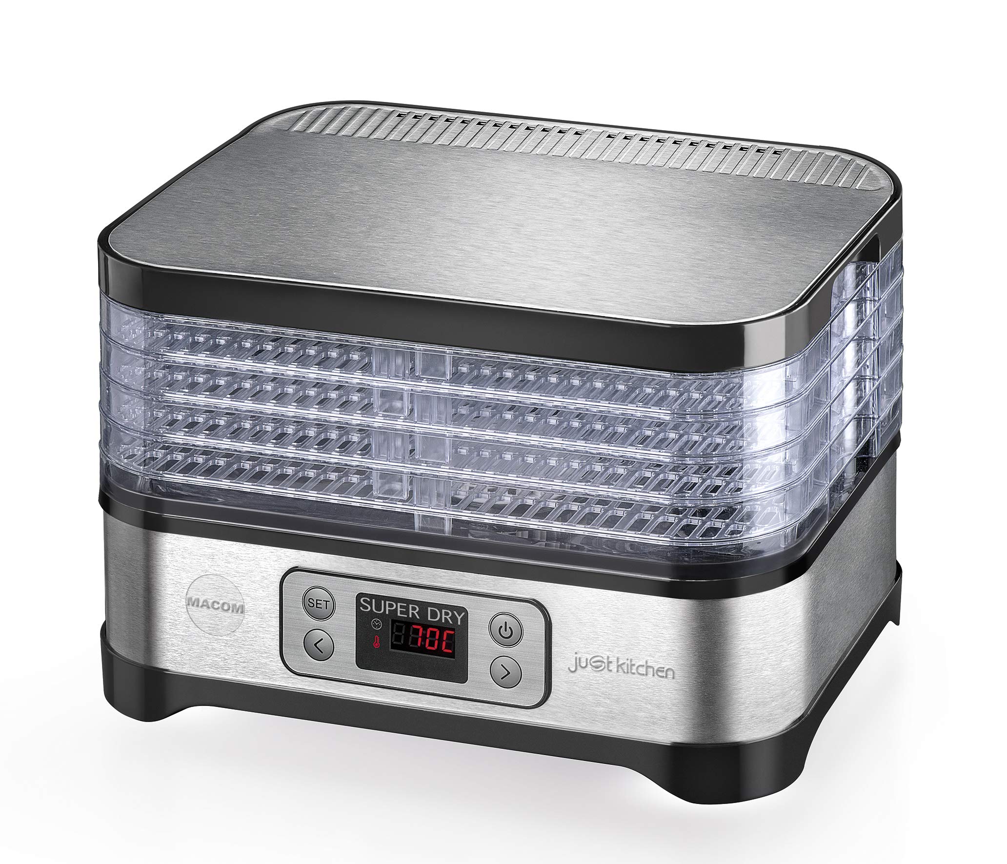 MACOM Just Kitchen 871 Super Dry, essiccatore per alimenti, Premium food dehydrator, Lega di acciaio, Nero, Rettangolare