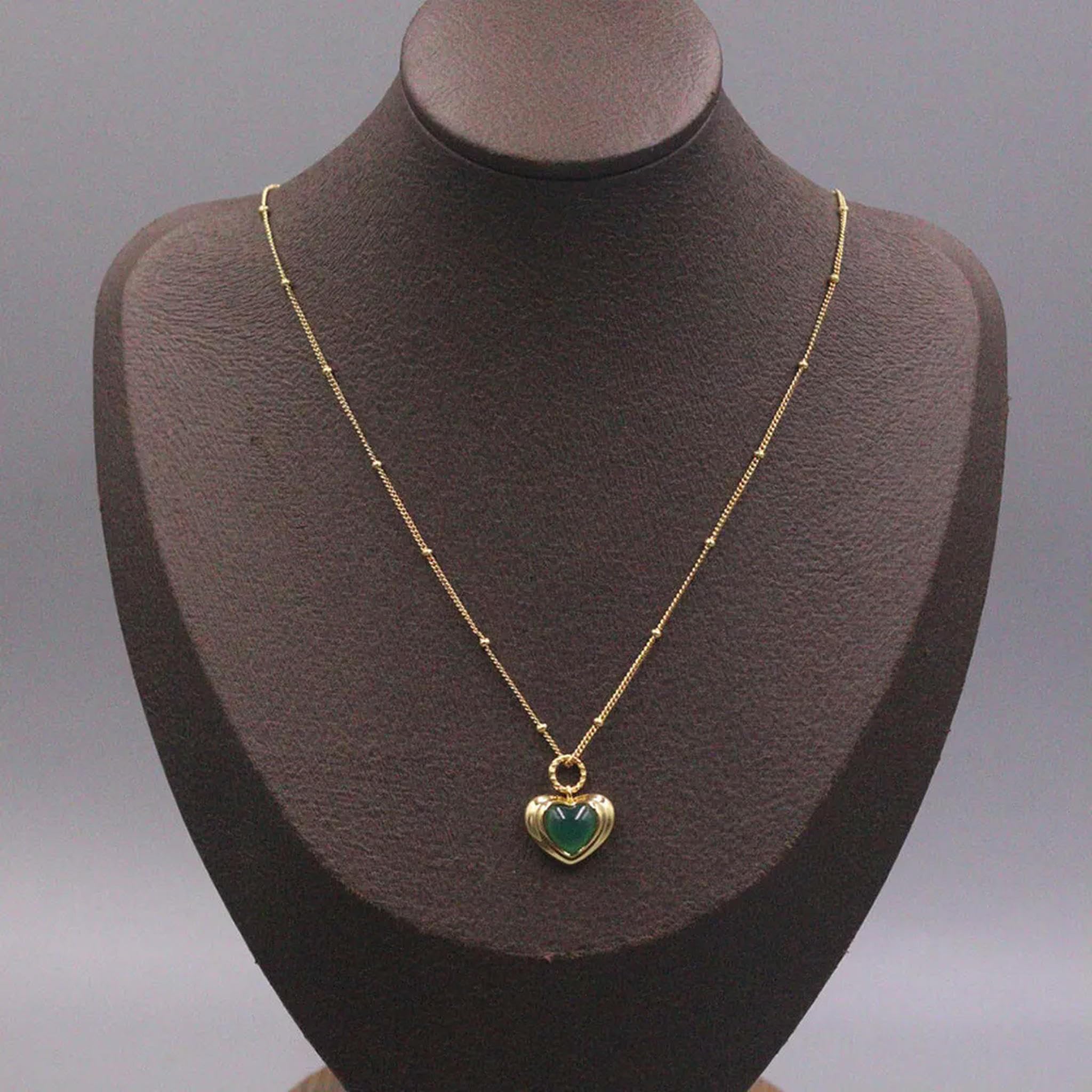 Collier en Argent véritable S925 avec Pendentif en Forme de cœur en Agate Verte