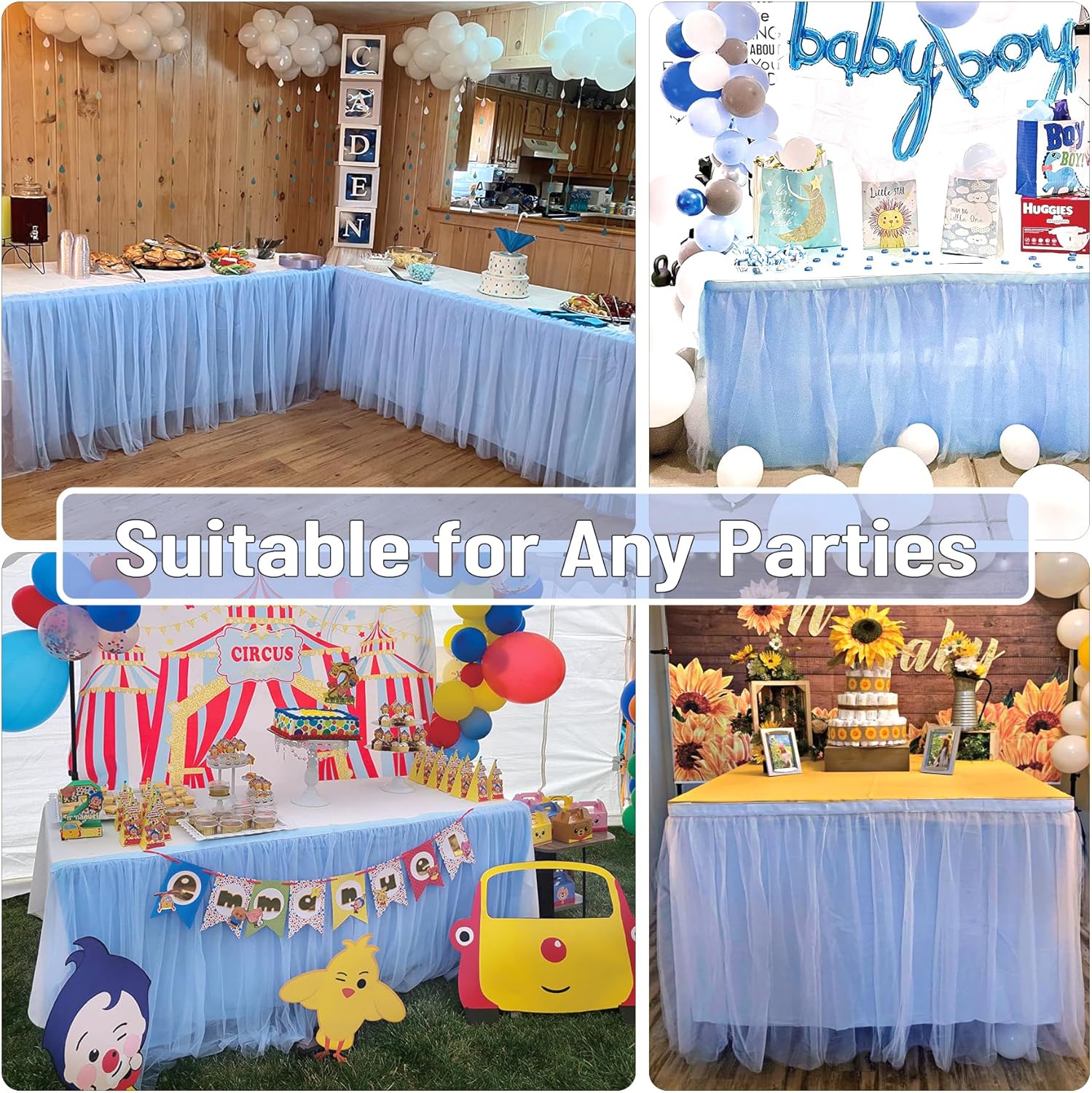 167in Baby Blue Tulle Table Skirts for Rectangle Tables 6/8ft, 2-Layer Gold Grim Ruffle Tulle Tutu Blue Cloth Table Skirt 14ft Decor Boy Birthday Party Baby Shower Cake Dessert Tables(No Table Cover)
