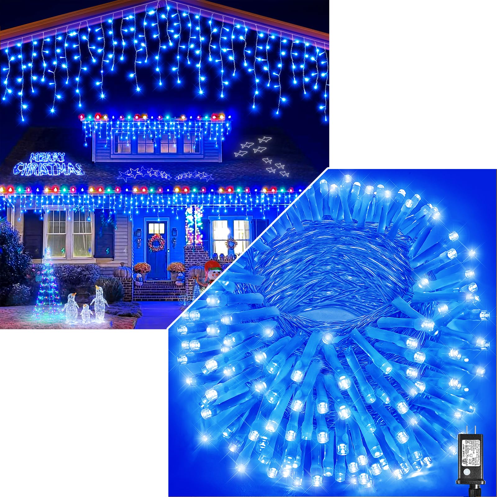 Vivideal99 FT 300 LED String Lights & 33 FT 400LED Icicle Lights Outdoor, Blue