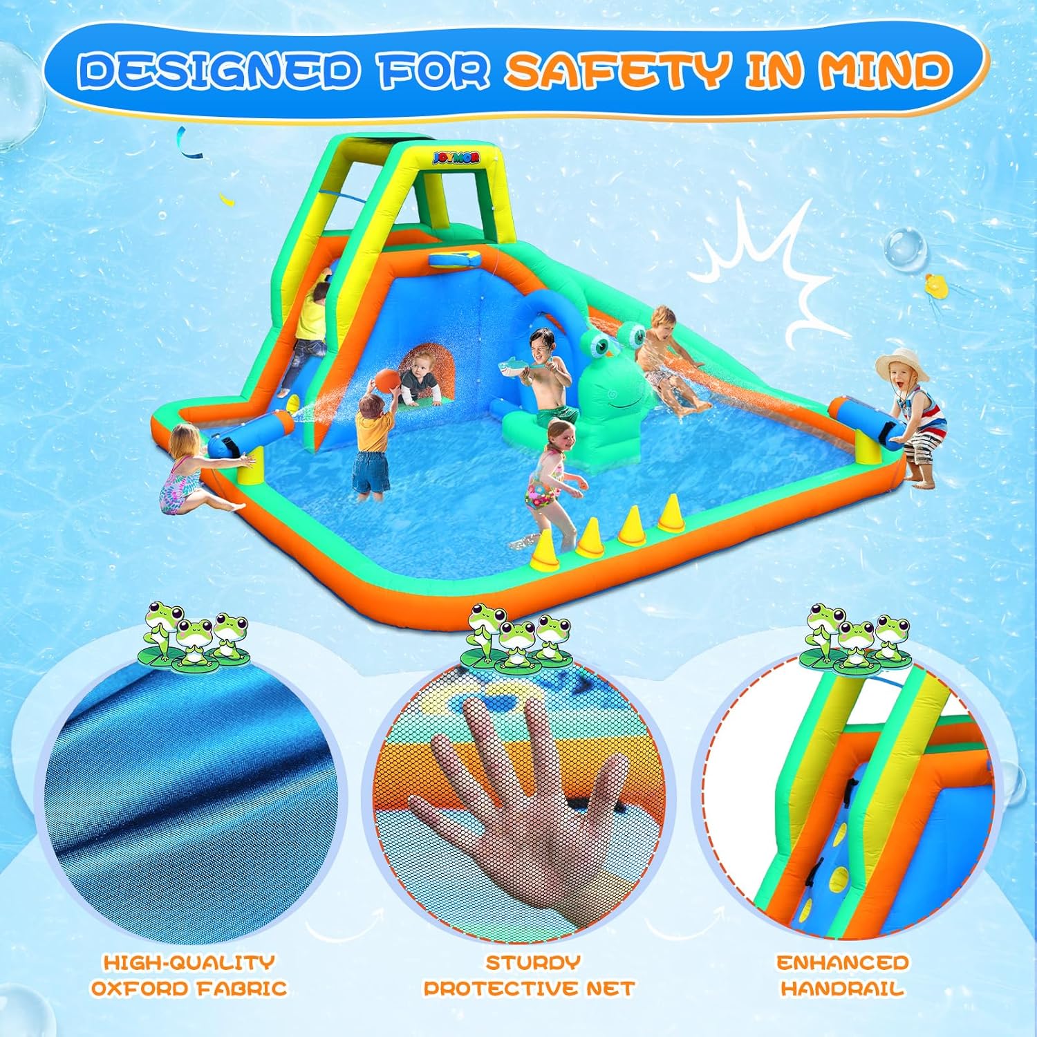 JOYMOR Frog Inflatable Water Slide for Kids – 8-in-1 Backyard Water Park with Frog Sprinkler, Climbing Wall, Tunnel & Games – Outdoor Summer Fun for Ages 3-8 with 480W Blower
