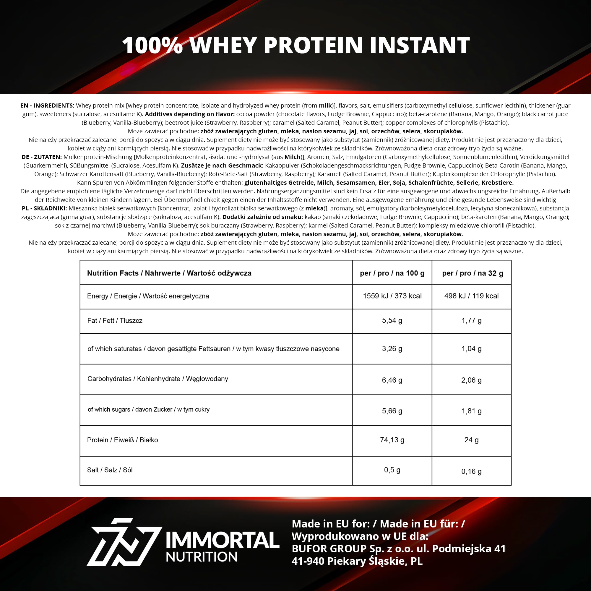 IMMORTAL NUTRITION Whey Protein Instant 2000 g - Białko w proszku z WPC, WPI i WPH | Niska zawartość cukru i tłuszczu | 24 g białka na porcję | Wanilia