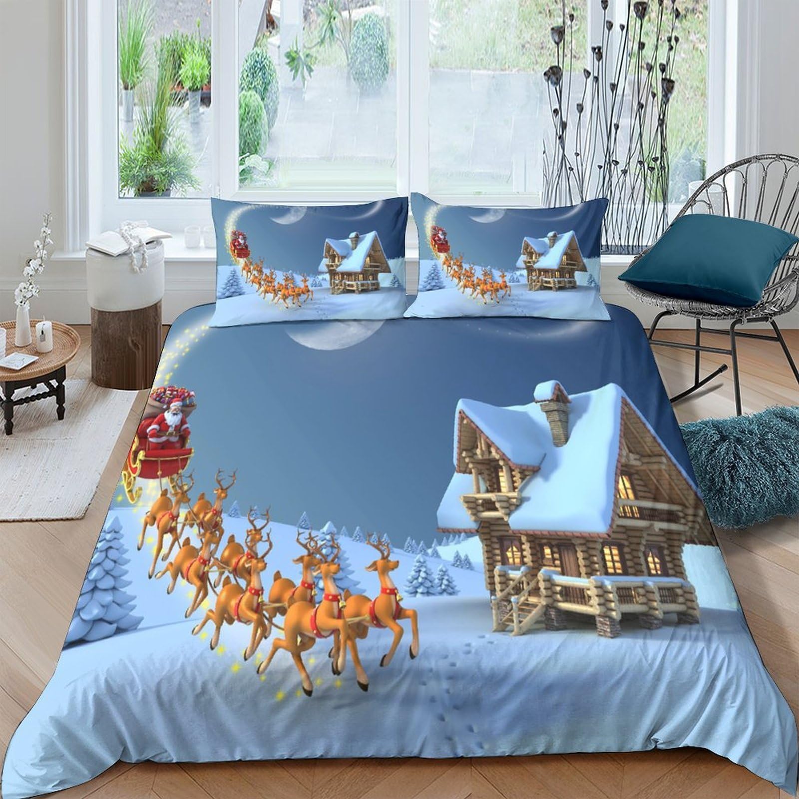 Ctjqhvkz Style-8 3D Printed Christmas Night Fitted Sheet Microfiber Santa Sleigh Bed Cover For Bedroom Guest Room Holiday Decor Single（135X200cm）