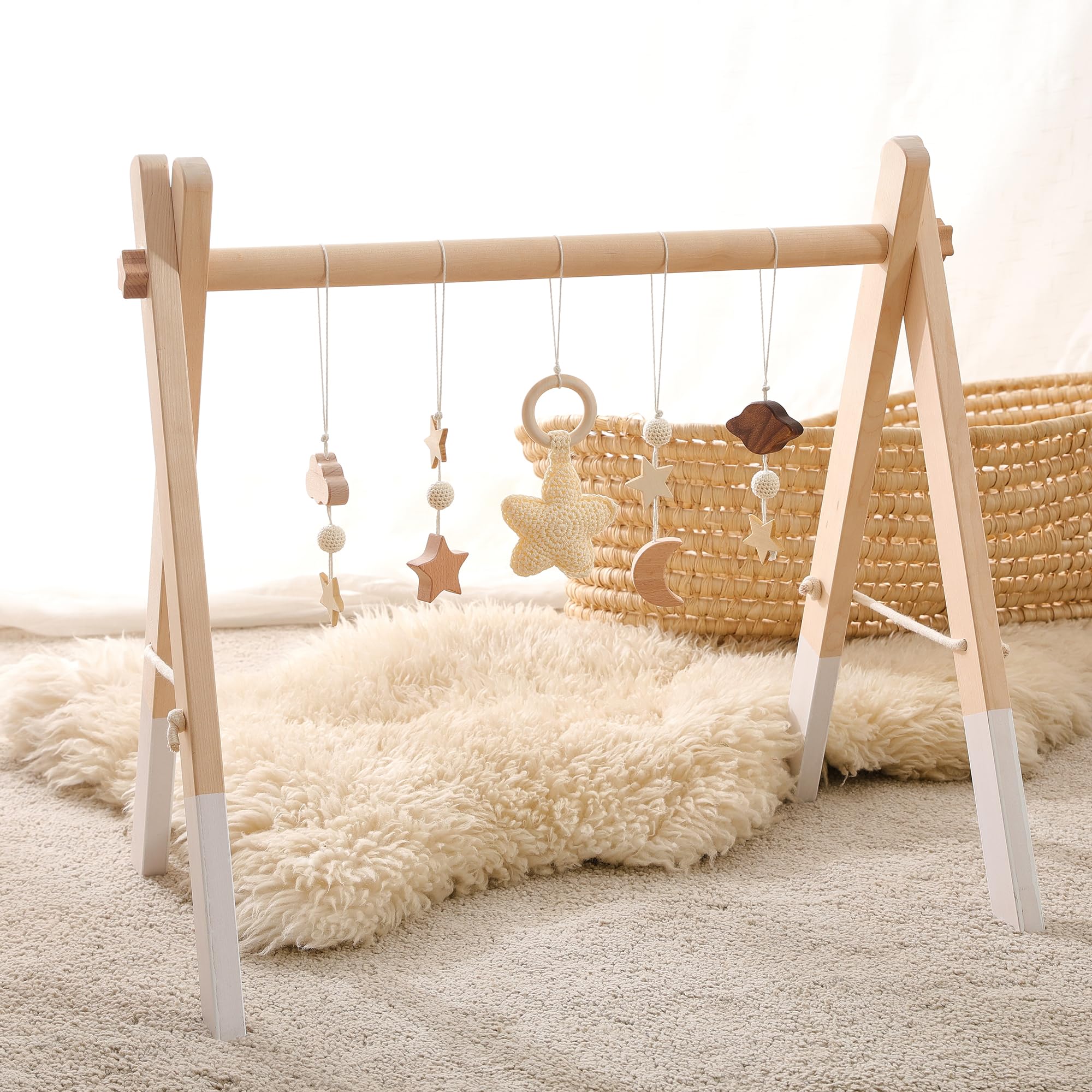 Promise Babe Spielbogen Baby Holz Baby Gym Holz Baby Spielbogen Neugeborenen Spielzeug Spielbogen Activity Center Baby Beige Sterne Design Abnehmbar Spielebogen Babies Holz