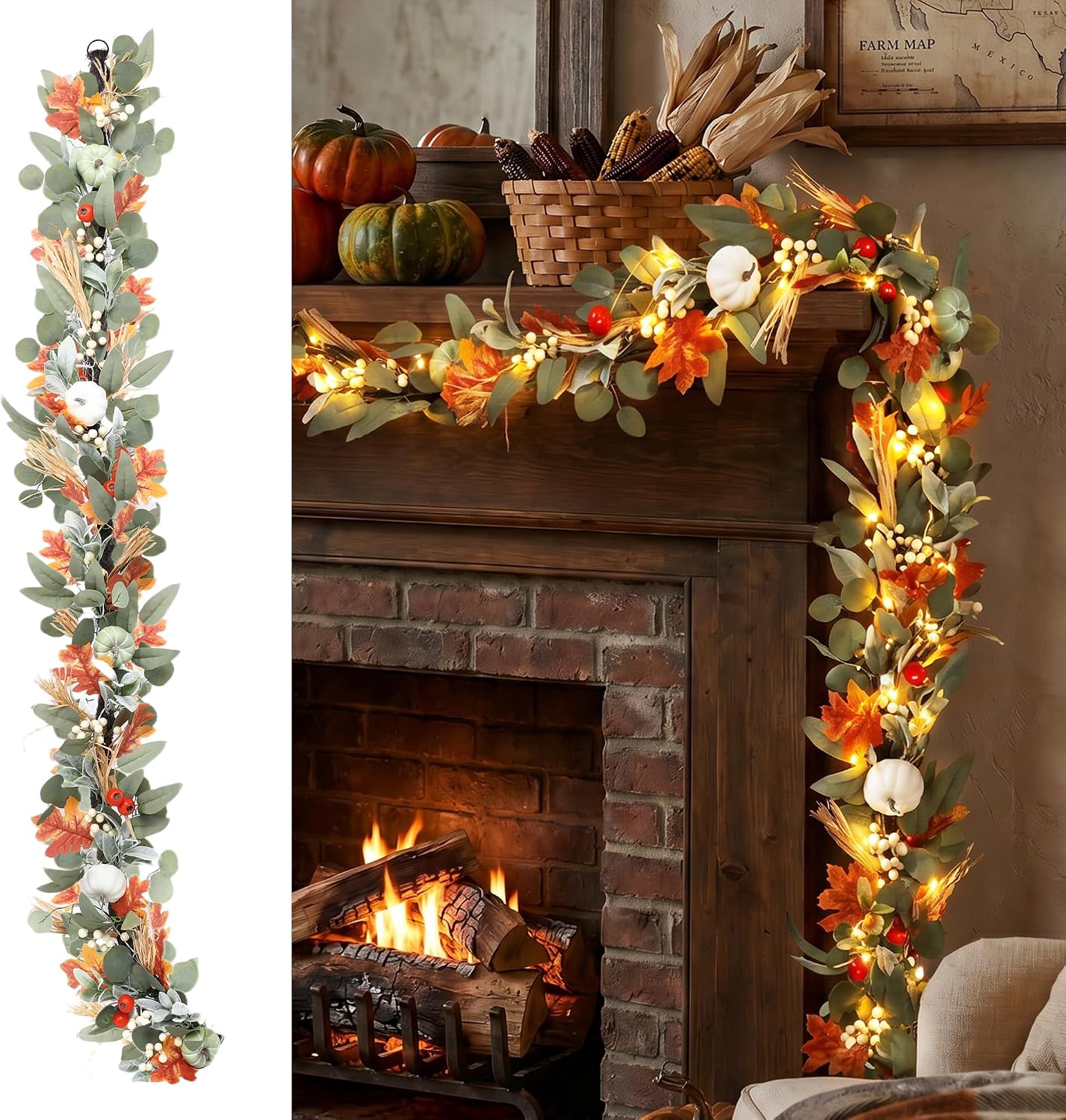 MUMTOP Lighted Fall Garland Eucalyptus Pumpkin, 6FT Thanksgiving Decor