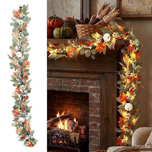 MUMTOP Lighted Fall Garland Eucalyptus Pumpkin, 6FT Thanksgiving Decor |