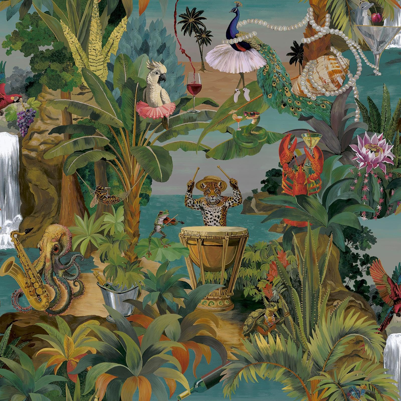 Holden Odyssey Animal Beach Party Wallpaper - Quirky Multi-Coloured Wildlife Design - Fun Feature Wall for Kids Bedroom & Playroom (14350)