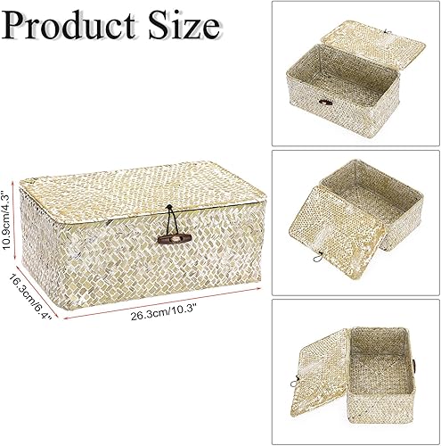 Vista 93 de Hipiwe Cestas de mimbre con tapa, cesta de pastos marinos tejida a mano, cestas rectangulares para el hogar, cajas para estantes, armario, Café
