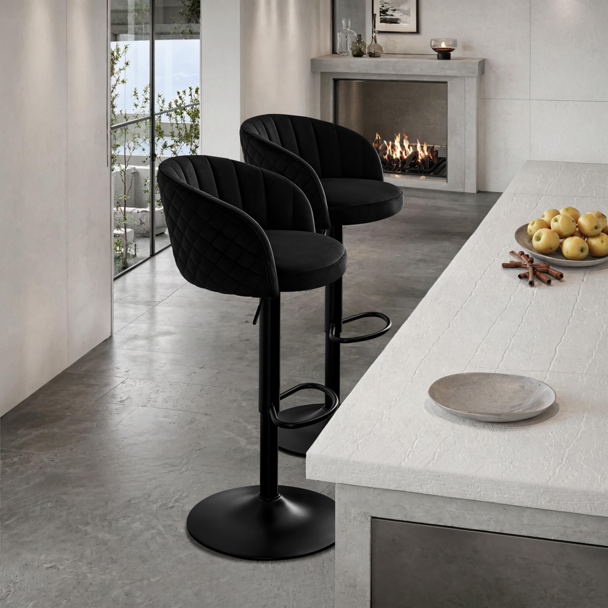 STOOLINK Taburete de Bar Juego de 2, Silla de Bar con Tela Terciopelo de Leche Altura Ajustable, Taburetes Cocina con Respaldo y Reposabrazos, Silla de Bar Rotación de 360°, Taburete Alto 150kg-Negro