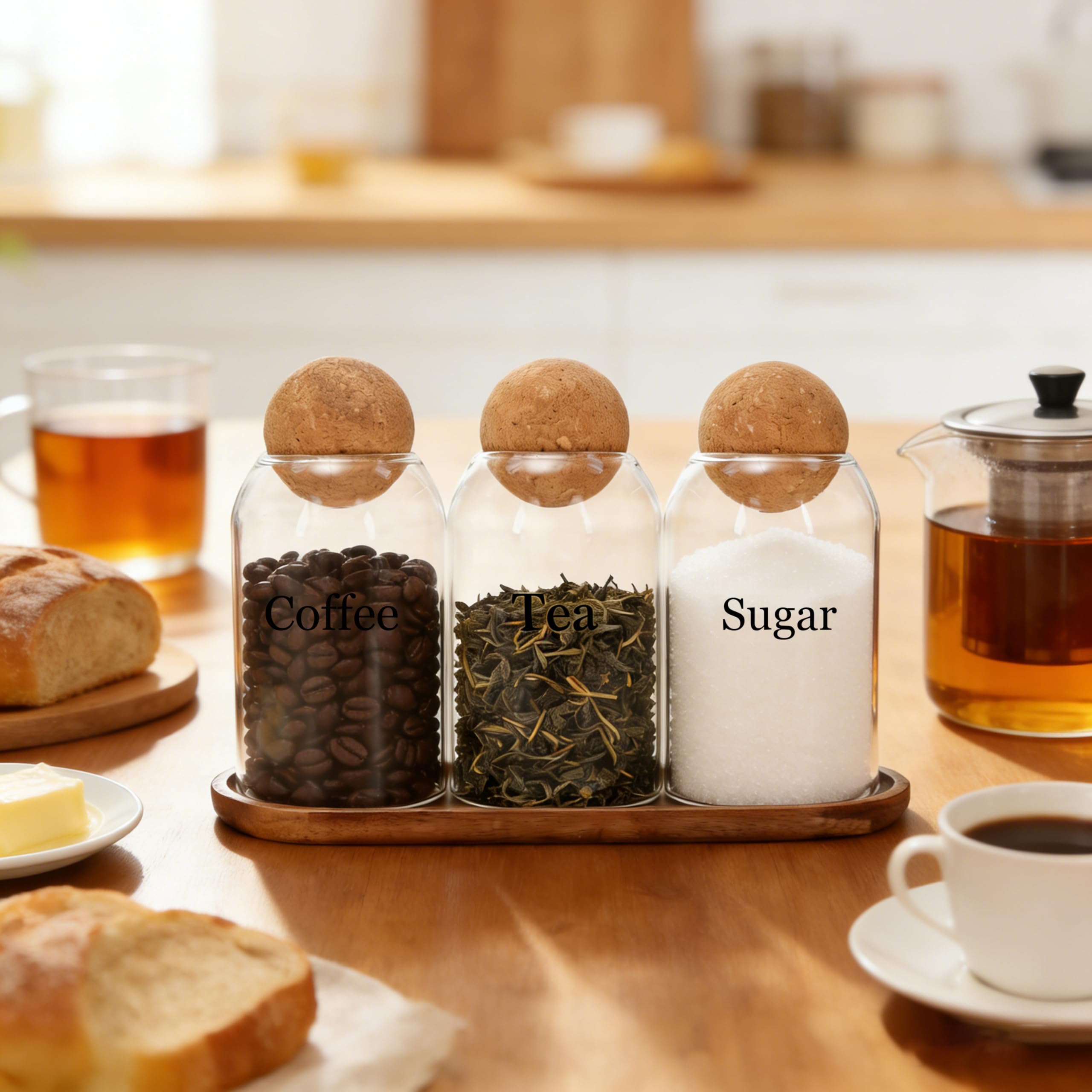 Set di 3 barattoli da caffè da 500 ml, contiene contenitori per caffè, tè e zuccheriera, contenitore in vetro per chicchi di caffè con coperchio in sughero e vassoio in legno, per caffè, tè