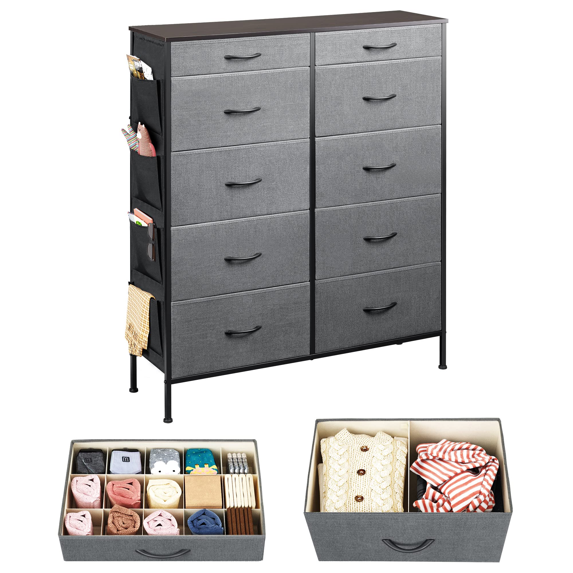 WLIVE Dresser for Bedroom with 10 Drawers, Tall Storage Tower with Drawer Organizers, Side Pockets and Hooks, Fabric Dresser, Chest of Drawers for Living Room, Closet, Hallway, Nursery, Dark Grey