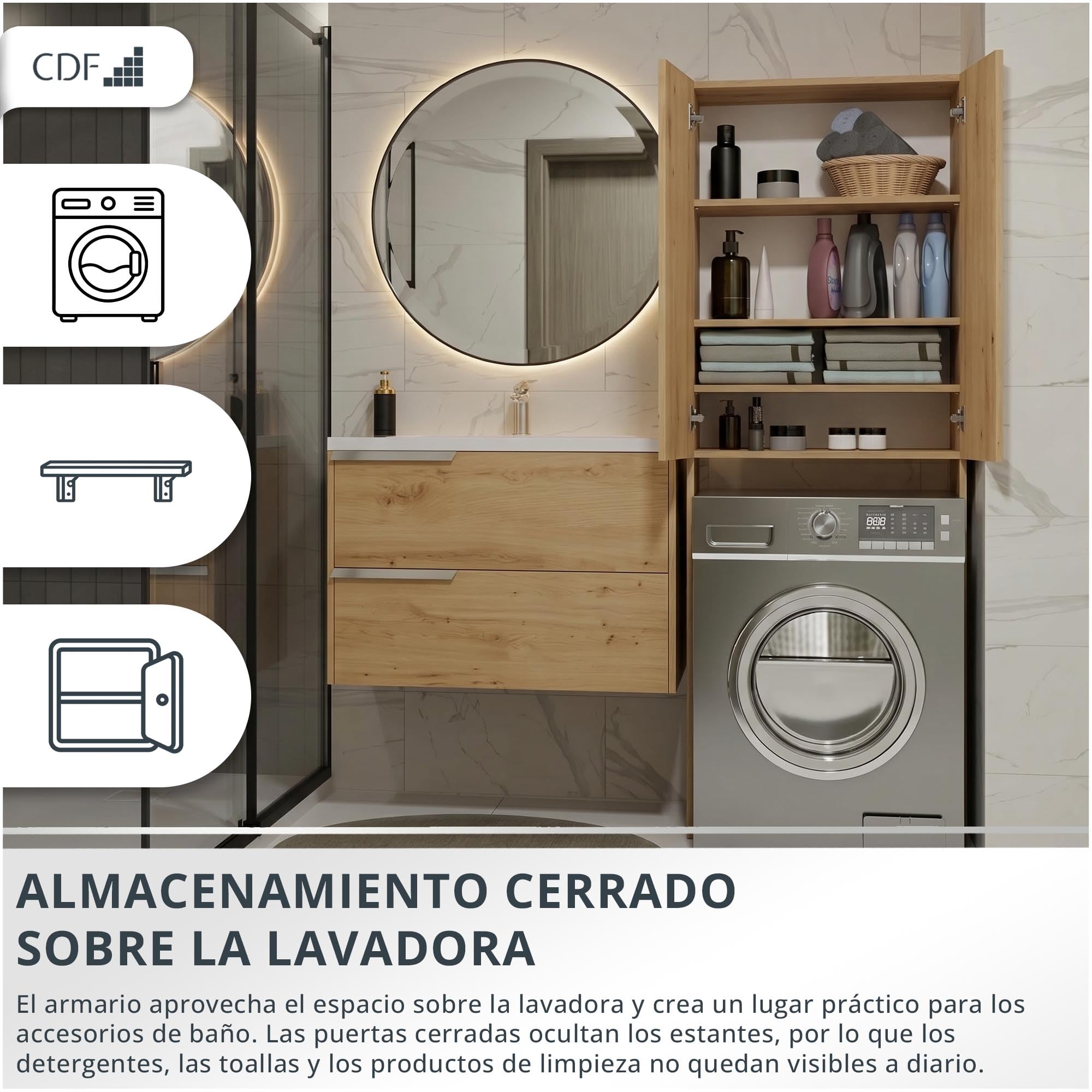 CDF Mueble Alto para Lavadora Secadora Armario Alto de Baño WC Cocina con 4 Estantes 2 Puertas Columna Organizador Cosméticos Detergente Estantería Moderna – Roble Artisan