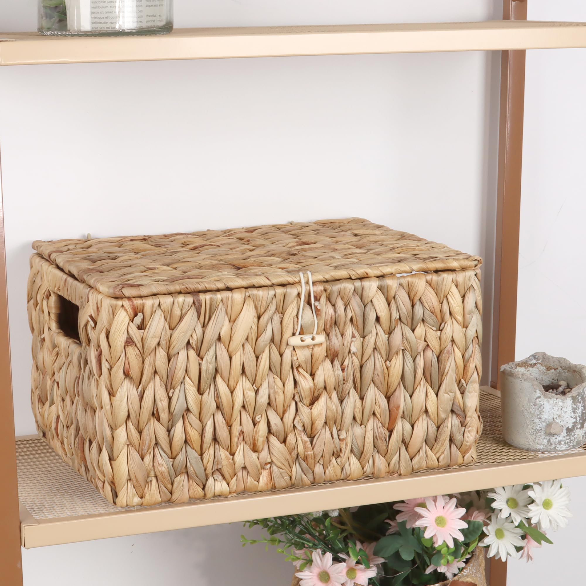 Moosky Canastas de mimbre con tapa, cestas de almacenamiento rectangulares con asas, tejidas a mano, organizador de escritorio para el hogar, cajas de decoración (natural, 11.2 x 8.2 x 5.7 pulgadas +