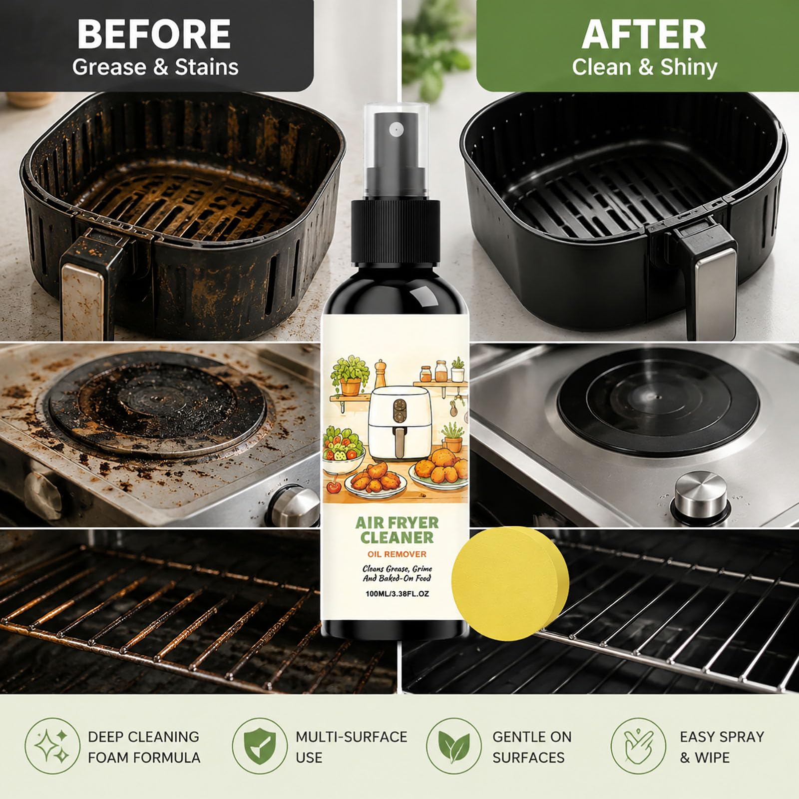 Spray limpiador para freidoras de aire caliente – Limpiador de cocina para horno, estufa, parrilla, encimera y utensilios de cocina – Eliminador de aceite y grasa para diferentes superficies con