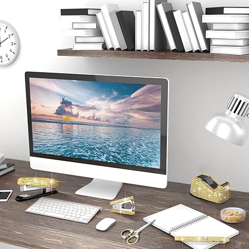 Miniatura 10 de Demissle Juego de 6 piezas de accesorios de escritorio de oficina, kit de papelería escolar de cristal, grapadora de tijera con grapa, dispensador