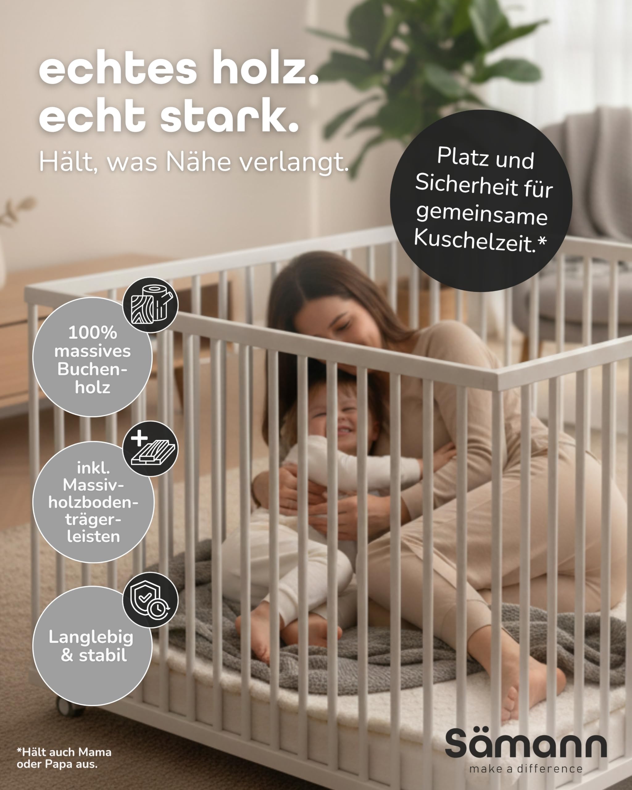 Sämann Laufstall faltbar Baby 100x100 cm mit Cloud Air Matratze | stufenlos höhenverstellbar | Laufgitter Premium | Babybett aus Holz | Krabbelgitter natur