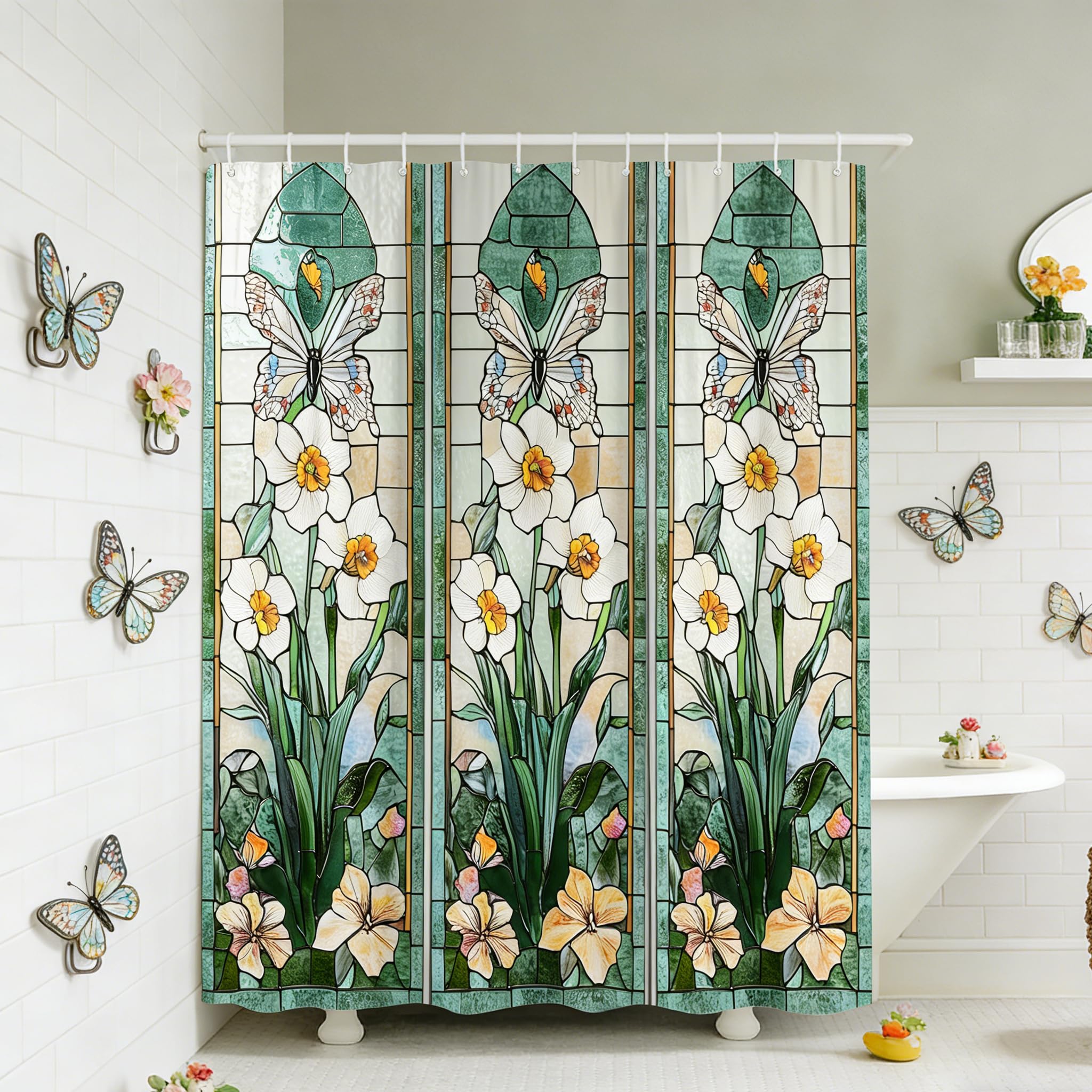 Floral Butterfly Stained Glass Shower Curtain Stained Glaze Glass Garden Vintage Boho Butterfly Modern Design Plant Spring Colorful Flower Polyester