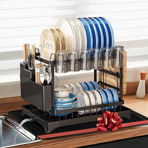 Escurridor de platos grande desmontable de 2 niveles sobre la encimera de la cocina con escurridor y tapete de secado de platos de silicona, estante