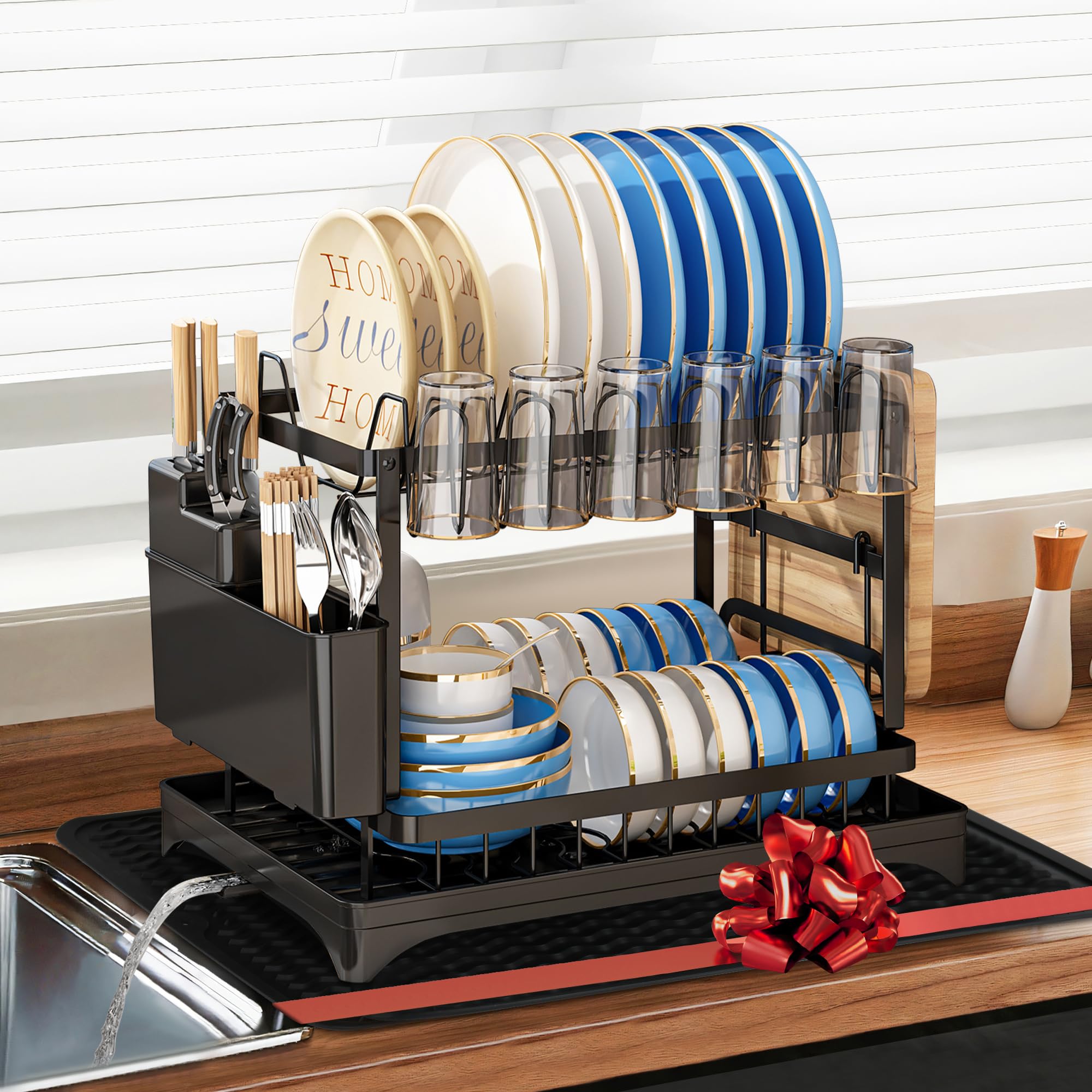 2 Tier Detachable Large Sink Dish Drying Rack Over The Kitchen Counter with Drainboard&Silicone Dish Drying Mat,Kitchen Large 2 Tier Stainless Steel Drying Rack with Dishes Drainer(Black)