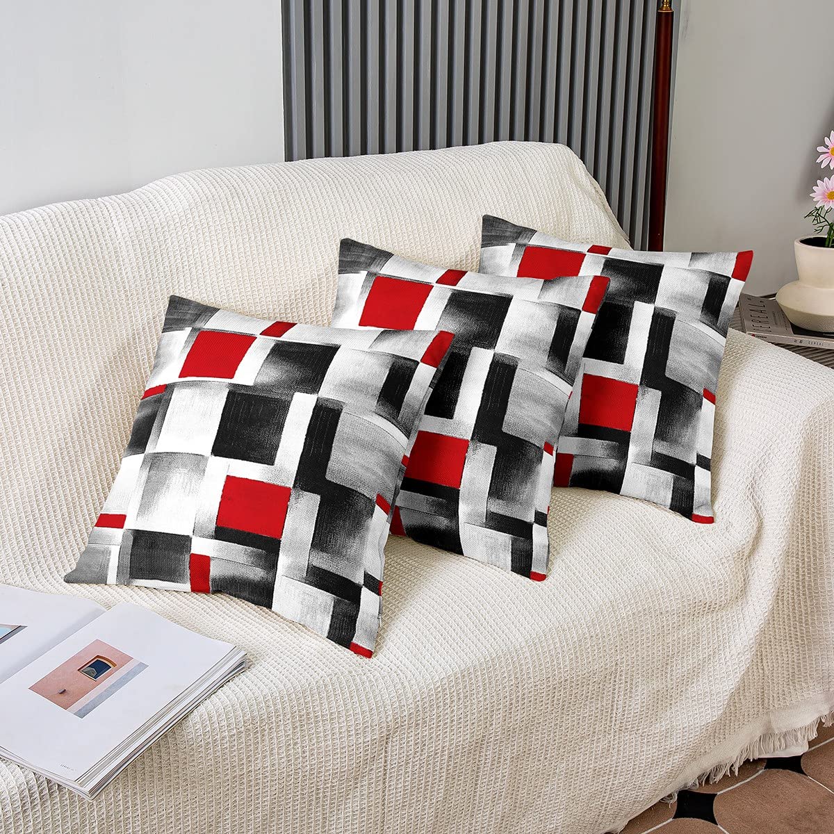 Loussiesd Red Grey Black Buffalo Check Square Cushion Covers Set of 1 Set Geometric Reversible Throw Pillow Covers Decor Stripe Line Pillow Covers Home Decor Modern Art 18x18 Inch - Image 4