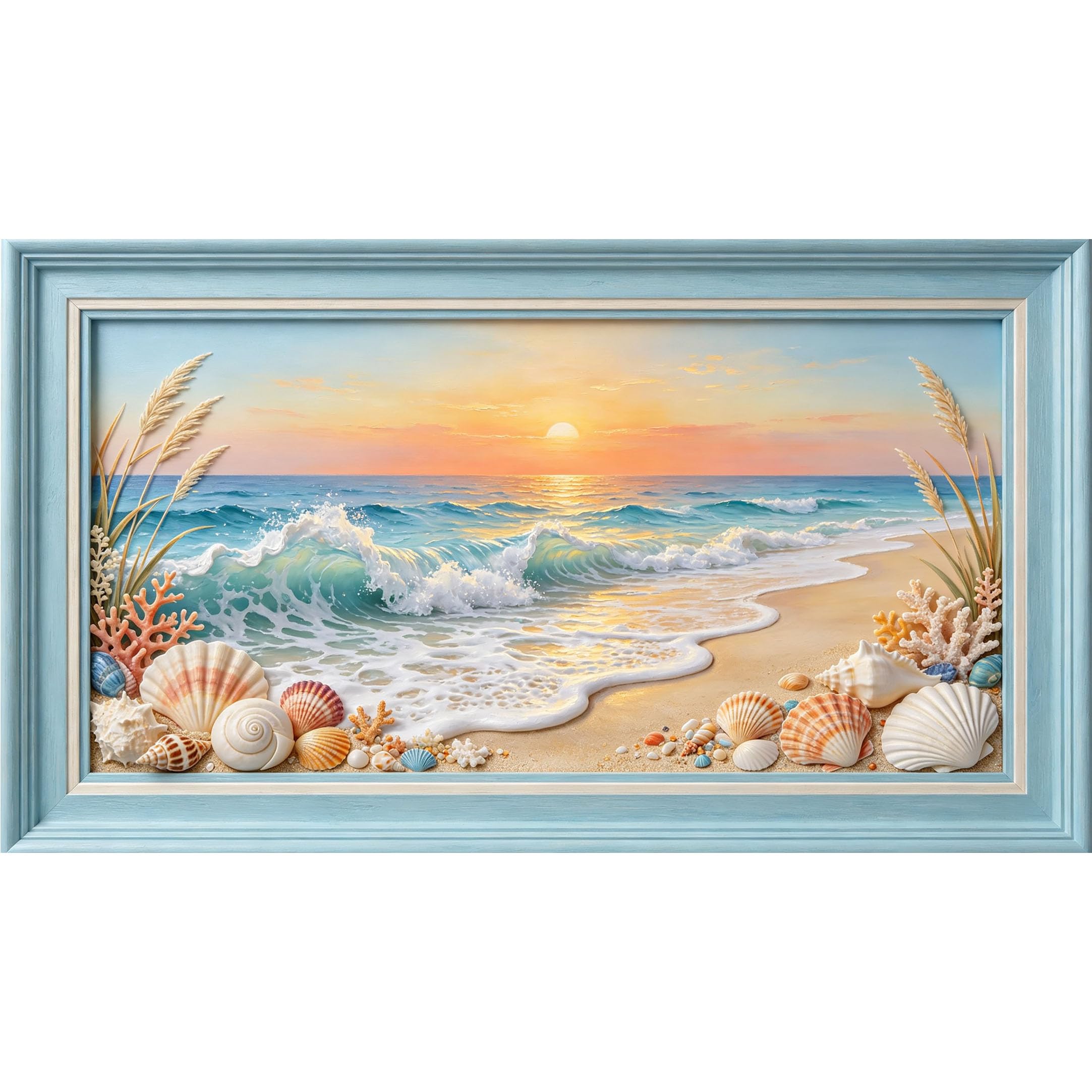 QZLITHOTIC 50x90cm3D Framed Wall Art， Coastal Ocean Sunset Seashell Beach Waves Self‑Adhesive Mural， Water‑Activated Peel & Stick Fabric Decor Wall Decal for Bedroom Living Room