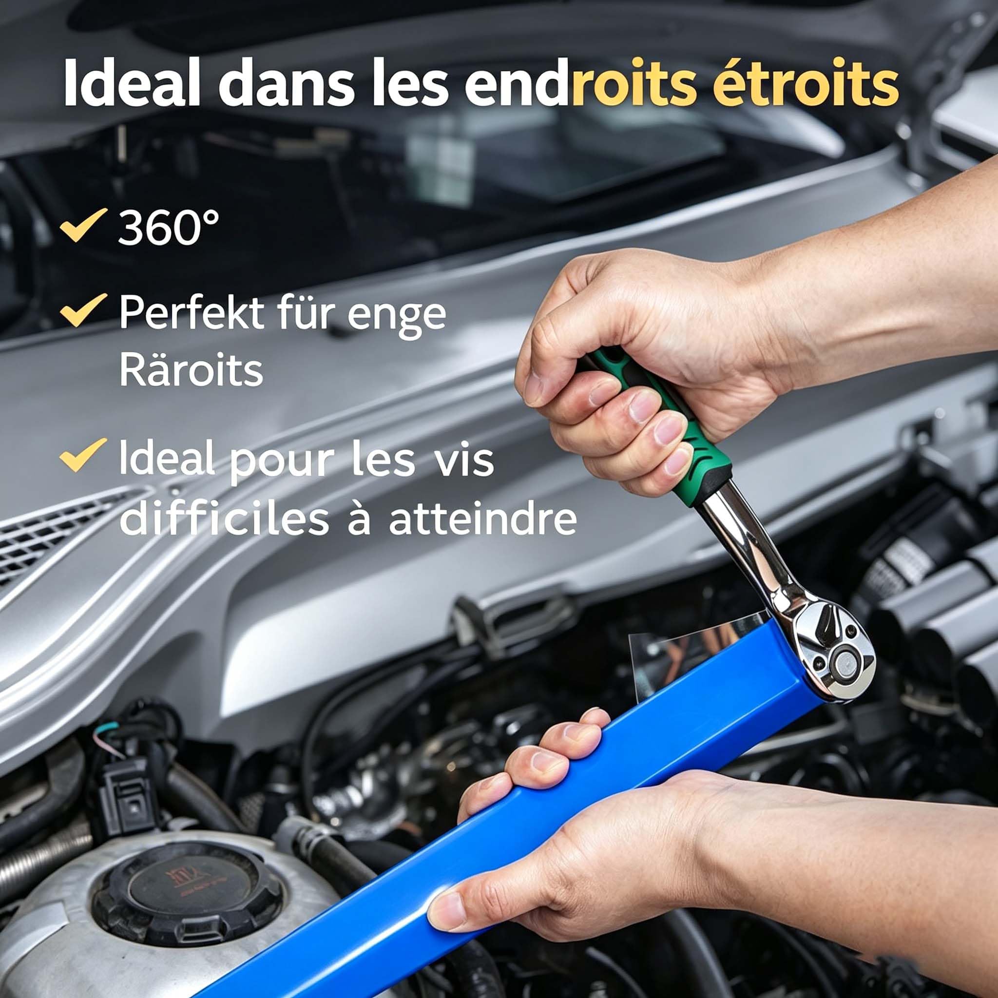 Anglefix Pro Clé d'Extension Décalée avec Cliquet Zéro Degré, Adaptateurs 1/2", 1/4", 3/8", pour Réparation Automobile