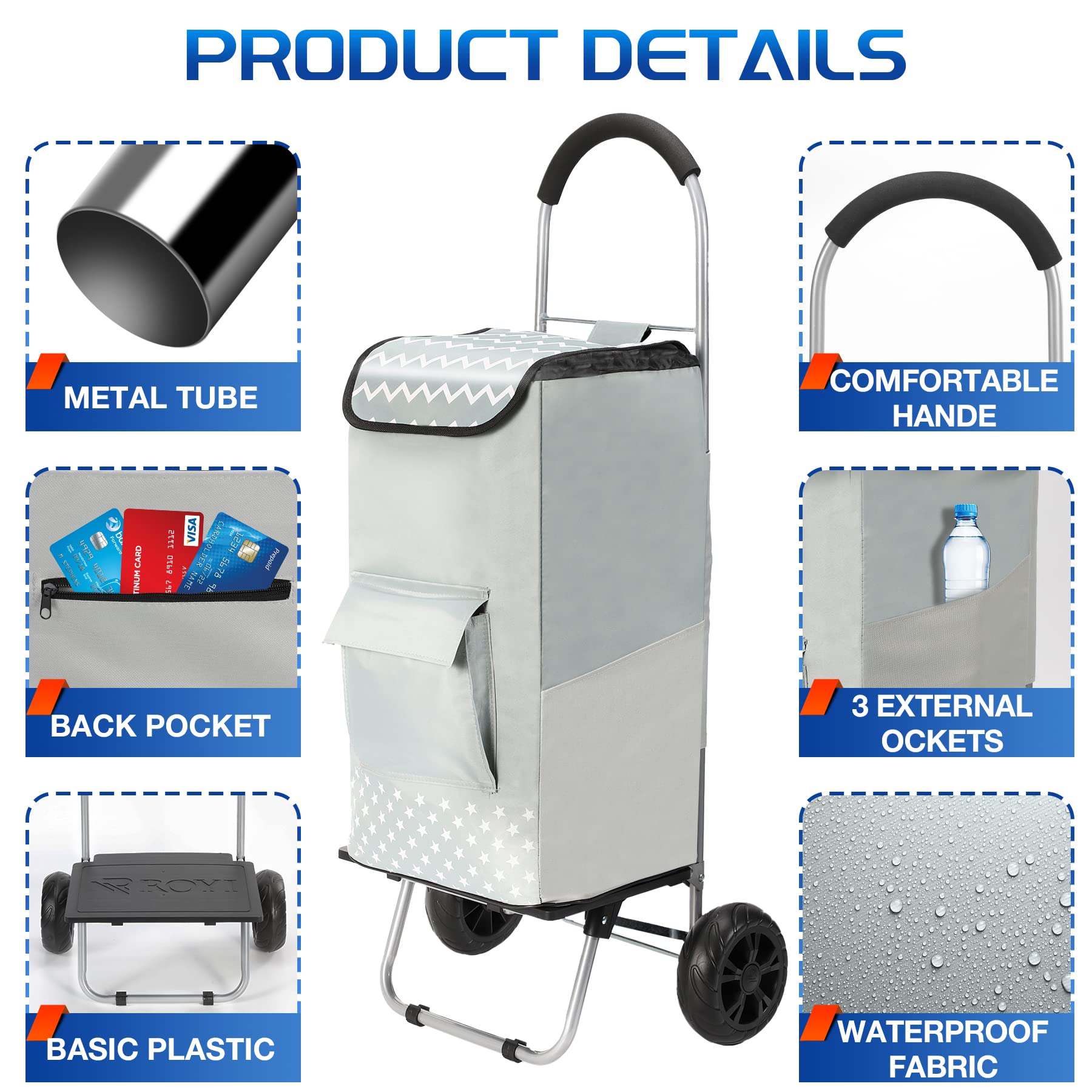 Carrello Portaspesa Pieghevole 2 In 1 – 75L / 50 Kg Con Borsa Impermeabile Rimovibile E Ruote Silenziose Grigio