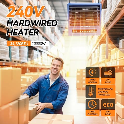 Miniatura 2 de Calentador eléctrico para garaje de 10 000 W, 240 V, de techo, con ventilador digital, modo ecológico, cableado, control remoto de función completa