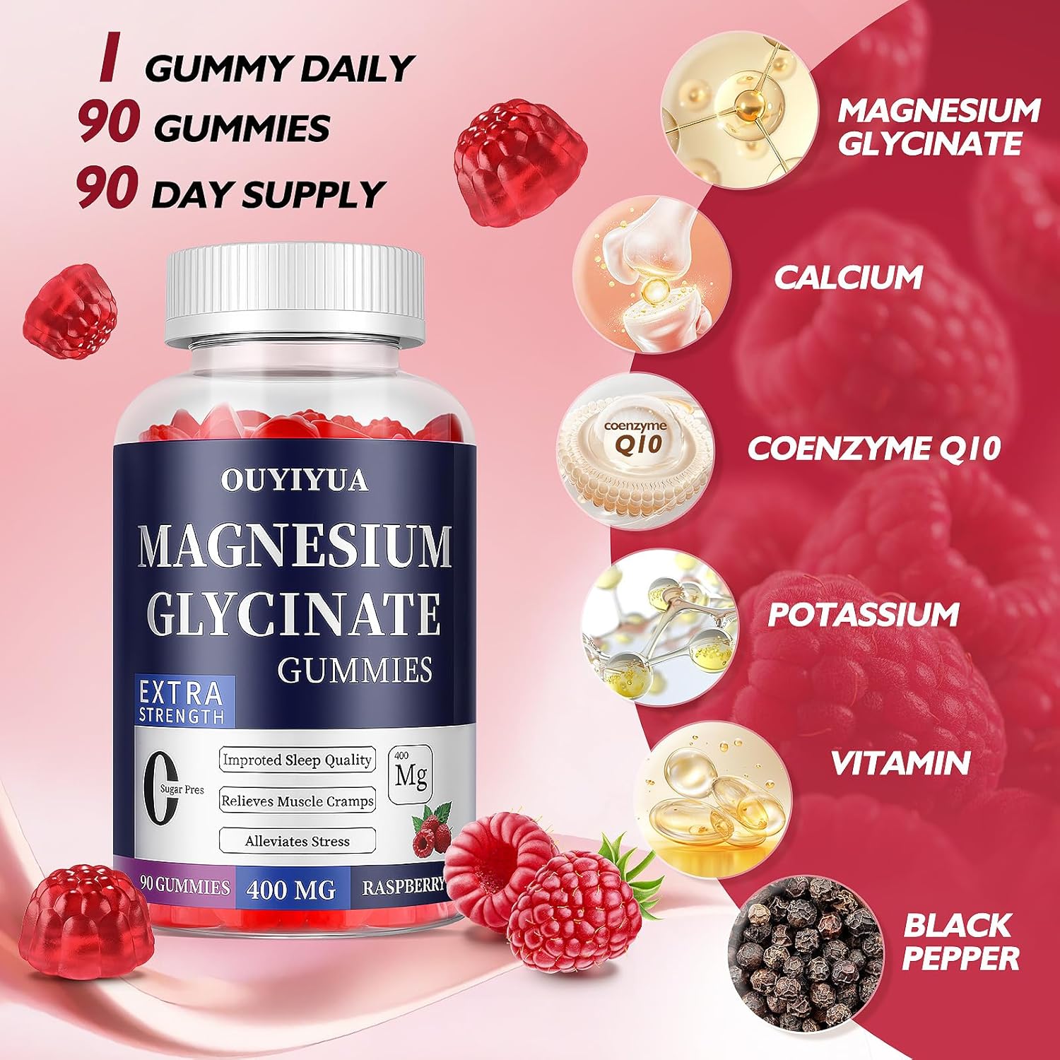 Magnesium Glycinate 400mg Gummies, Sugar Free Magnesium Gummies with Vitamins D, B6 for Sleep Support, Stress and Muscle Relief for Men and Women (2 Pack)