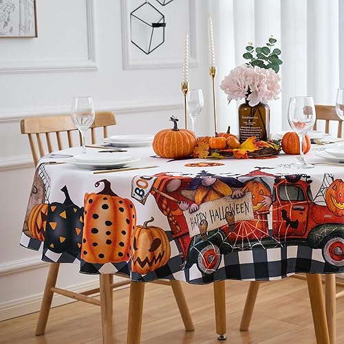 Mantel de Halloween blanco con diseño de telaraña de calabaza, fantasma, diseño a cuadros, 60 x 102 pulgadas, rectangular, de poliéster, repelente