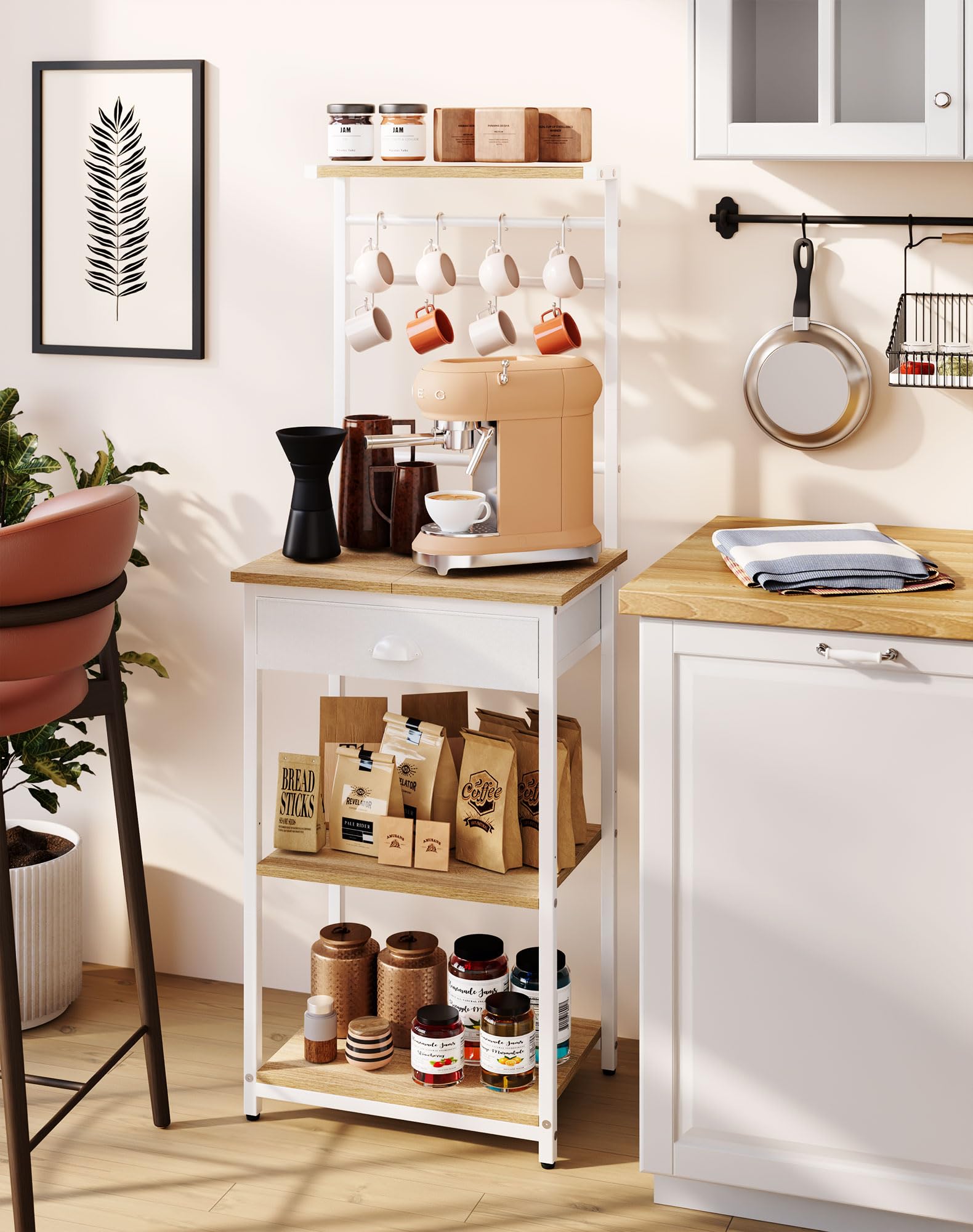 YMYNY Étagère de Cuisine, Porte-Café en Bois à 5 Niveaux, Rangement pour Machine à Café, Organisateur avec 8 Crochets, Tiroirs en Tissu, pour Salon, Bureau, Naturel HBR009R