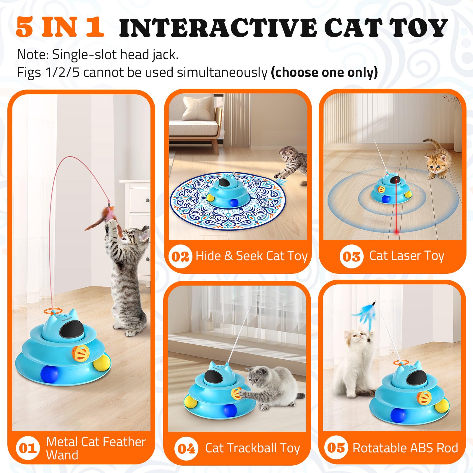 Interactive Cat Toy: 5 in 1 Automatic Cat Toy for Indoor Cats, Rechargeable Hide and Seek Toy with PVC Cover, Battery Operated Kitten Laser Toy, Self Play Fluttering Feather Wand with Track Ball