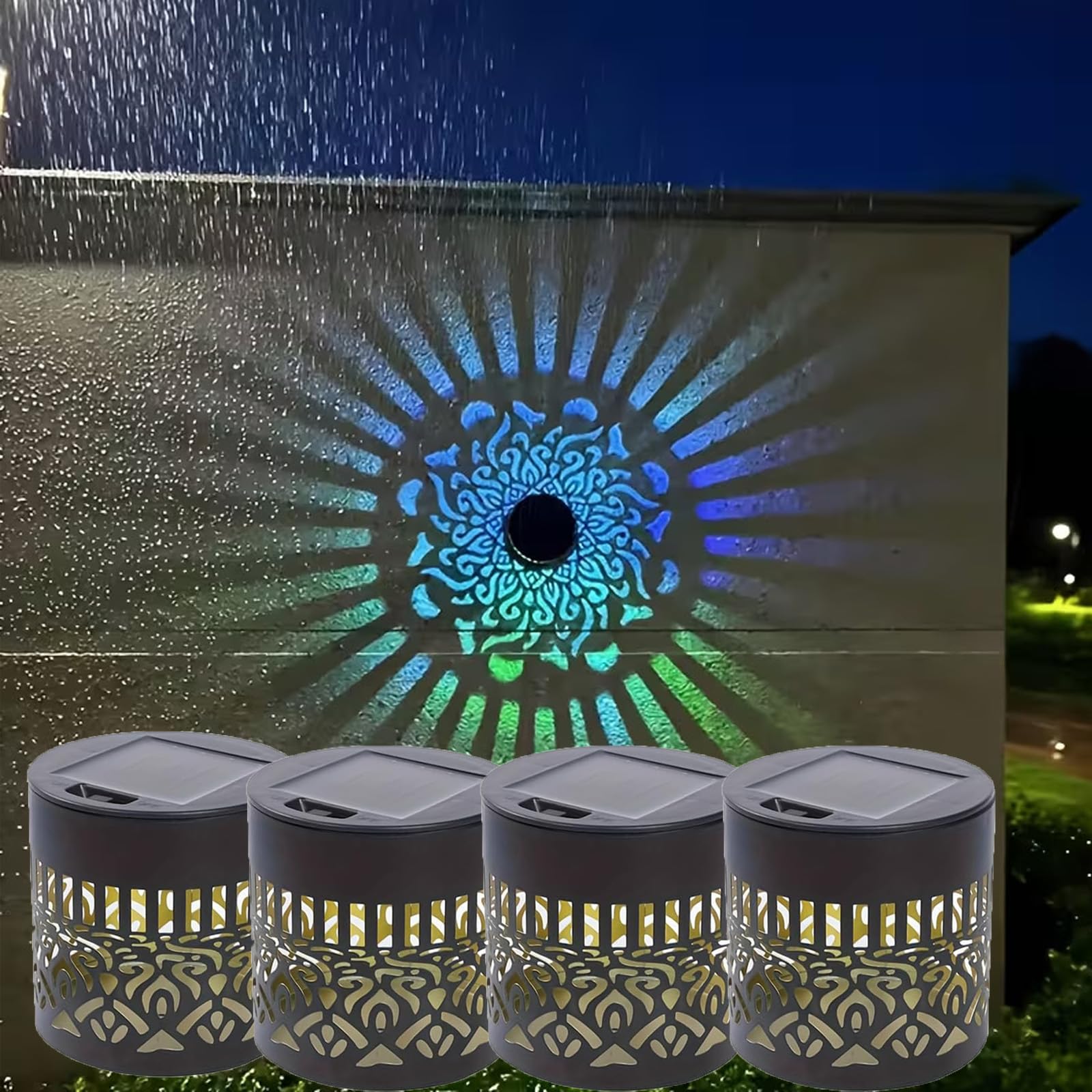 Snrtevu Decorative Solar Mandala Lights, Mandala Solar Lights, Solar for Outdoor use, Solar Powered and Fully Automatic, Waterproof, Fits effortlessly into Any Outdoor Area (Farbiges Licht 1,4PCS)
