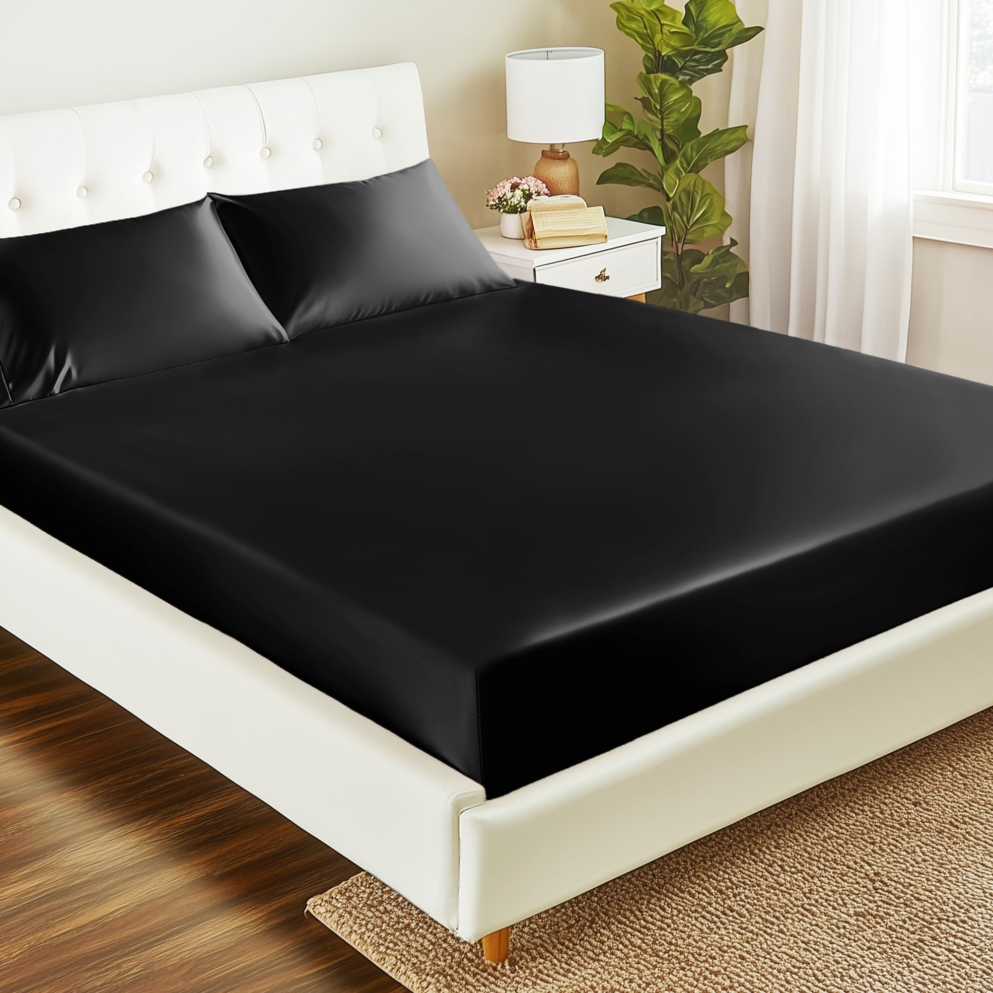 Love's cabin Satin Fitted Sheet Queen Size - Black Silky Bed Fitted Sheet Only with Deep Pocket, Luxury Soft Non-Fading Silk Feel Single Bottom Satin