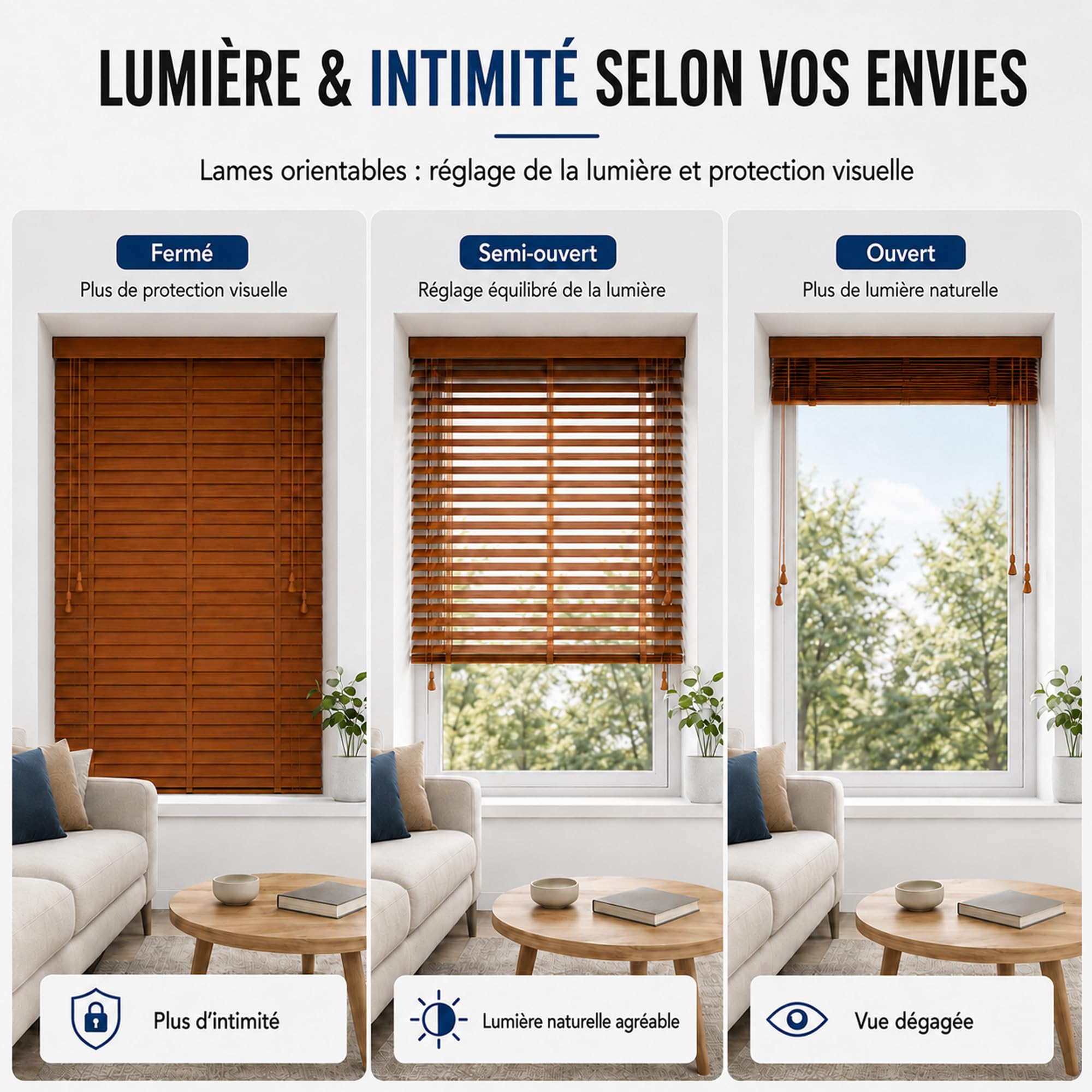 Store venitien Bois sur Mesure pour fenetre Interieure, Bois de Paulownia veritable avec Lames 50 mm, Pose avec percage, Cordon, Protection visuelle et reglage de la Lumiere Walnussfarben