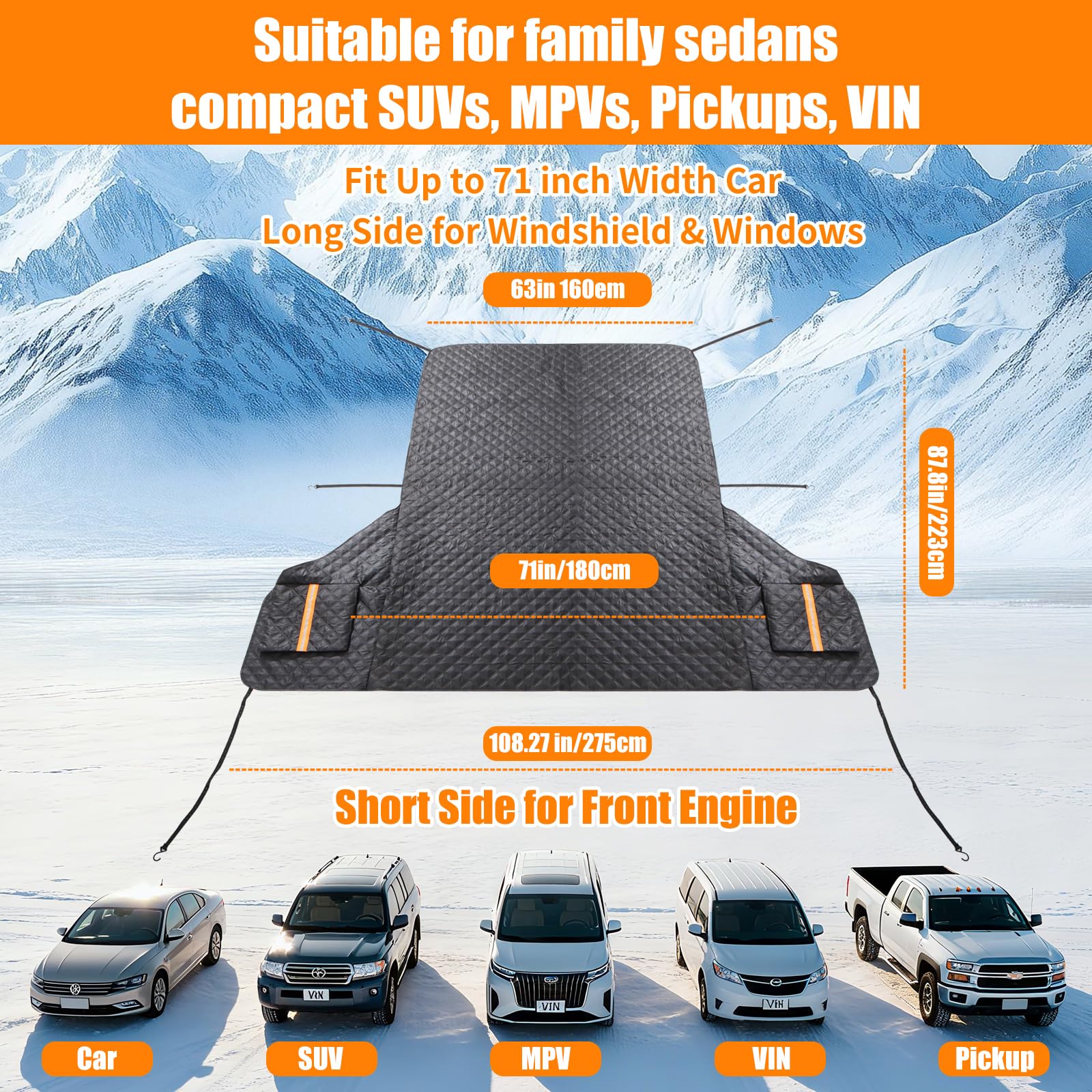 Housse de protection pour pare-brise de voiture - En tissu Oxford 600D - Accessoire d'hiver de voiture - Protection 3 en 1 pour pare-brise, capot et rétroviseurs latéraux - Pour petites voitures
