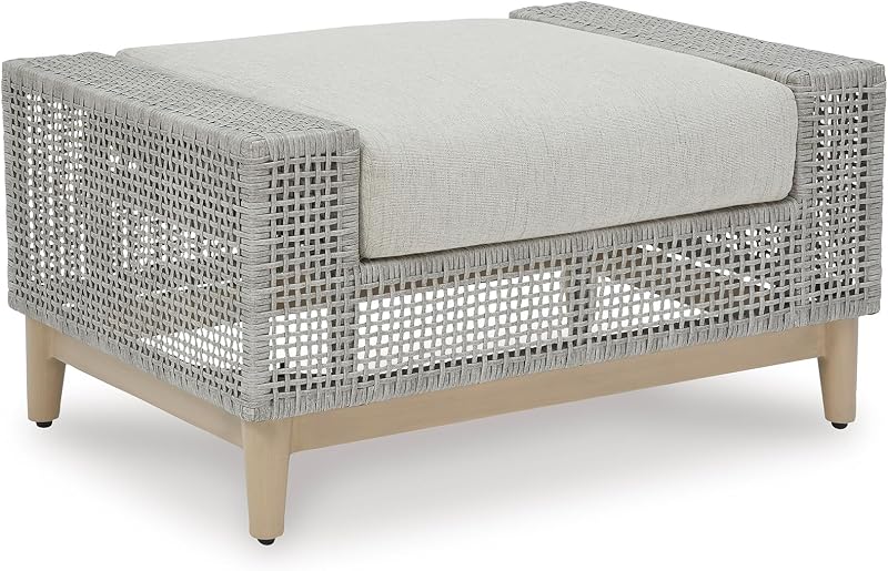 Signature Design by Ashley Large Wicker Outdoor Patio Ottoman, Gray | Large outdoor patio ottoman with Nuvella fabric, Weather-resistant resin wicker over aluminum frame, Seton Creek