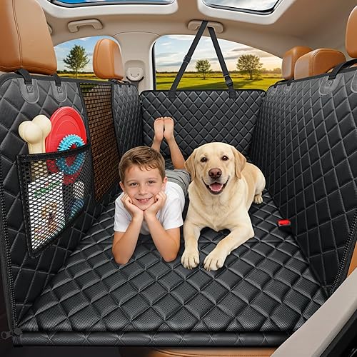 URPOWER Backseat Extender for Dogs - Hard Bottom Dog Car Seat Cover for Back Seat, Dog Hammock for Car and SUV, Pet Rear Seat Protector Dogs Travel Bed with Mesh Window & Side Flaps