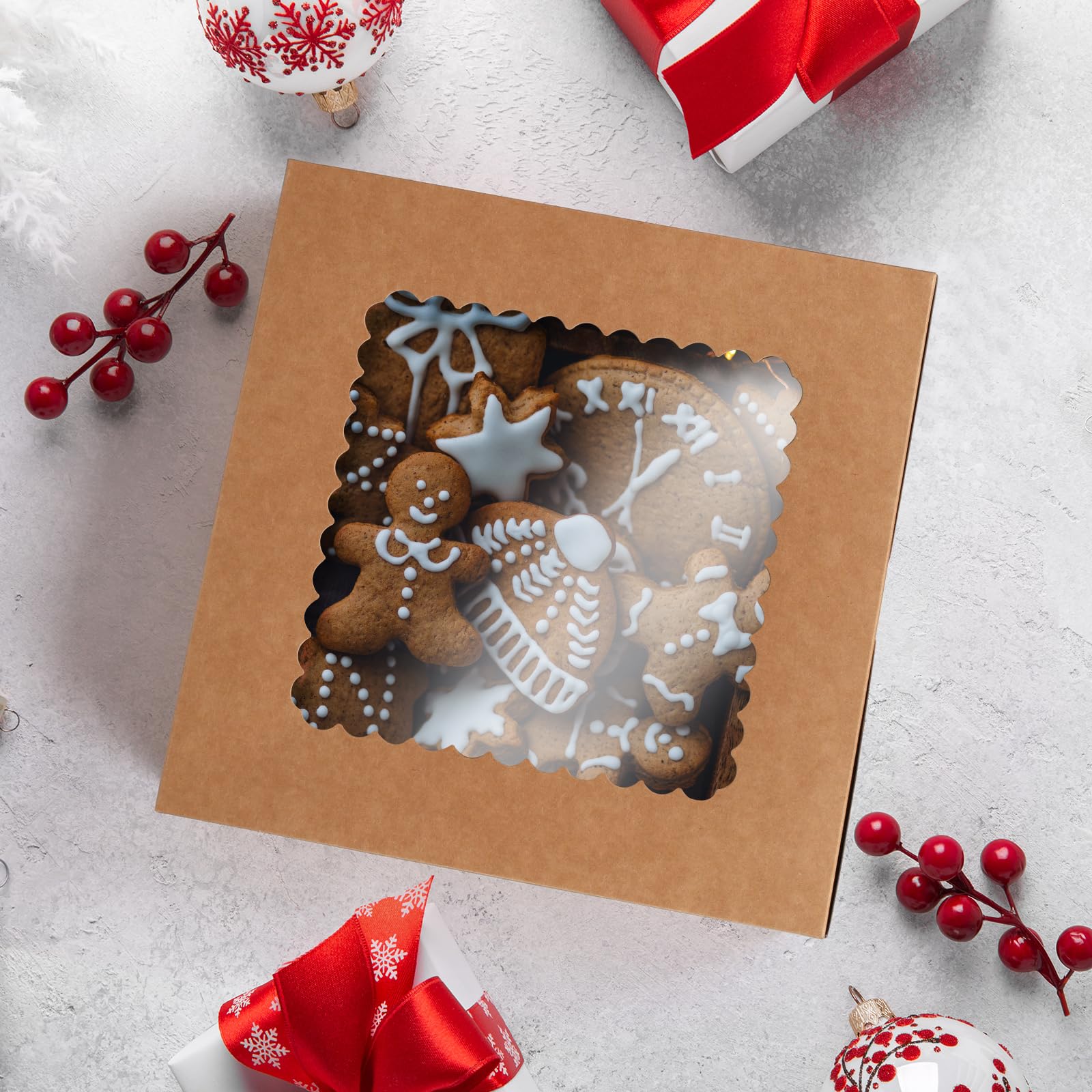 20 Pezzi Scatole per Dolci 25,4 x 25,4 x 6,4 cm Scatola per Torte in Cartone Kraft con Finestra Trasparente per Feste di Natale Biscotti Pasticcini Cupcake Confezioni