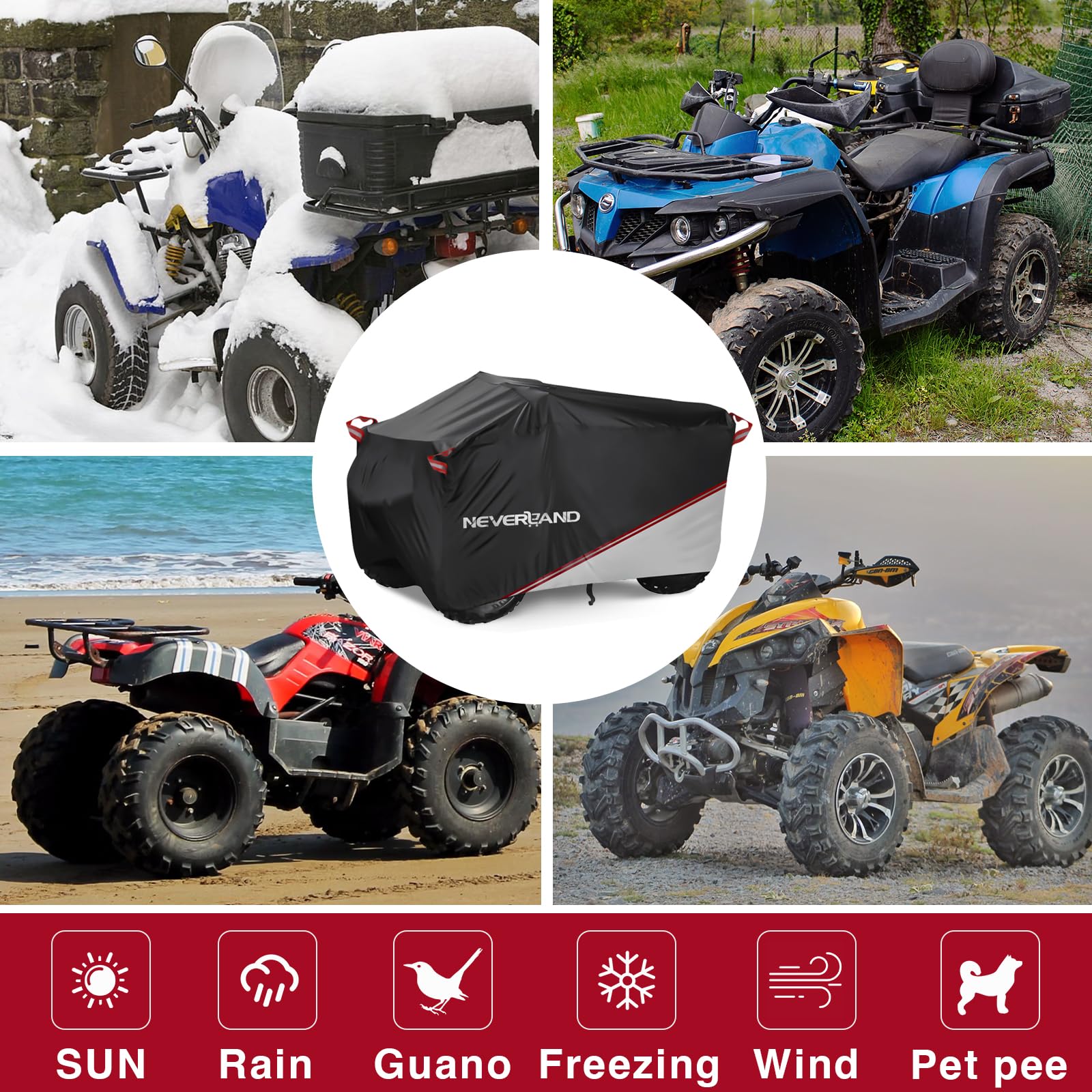 Neverland Quad Abdeckplane ATV Abdeckung,Wasserdicht Innen und Außen Verwendbar Abdeckung für Quad Cover Schnalle Schneesicher Staubdicht Quadplane Schwarze und Silberne Spleiße 256 * 110 * 120cm