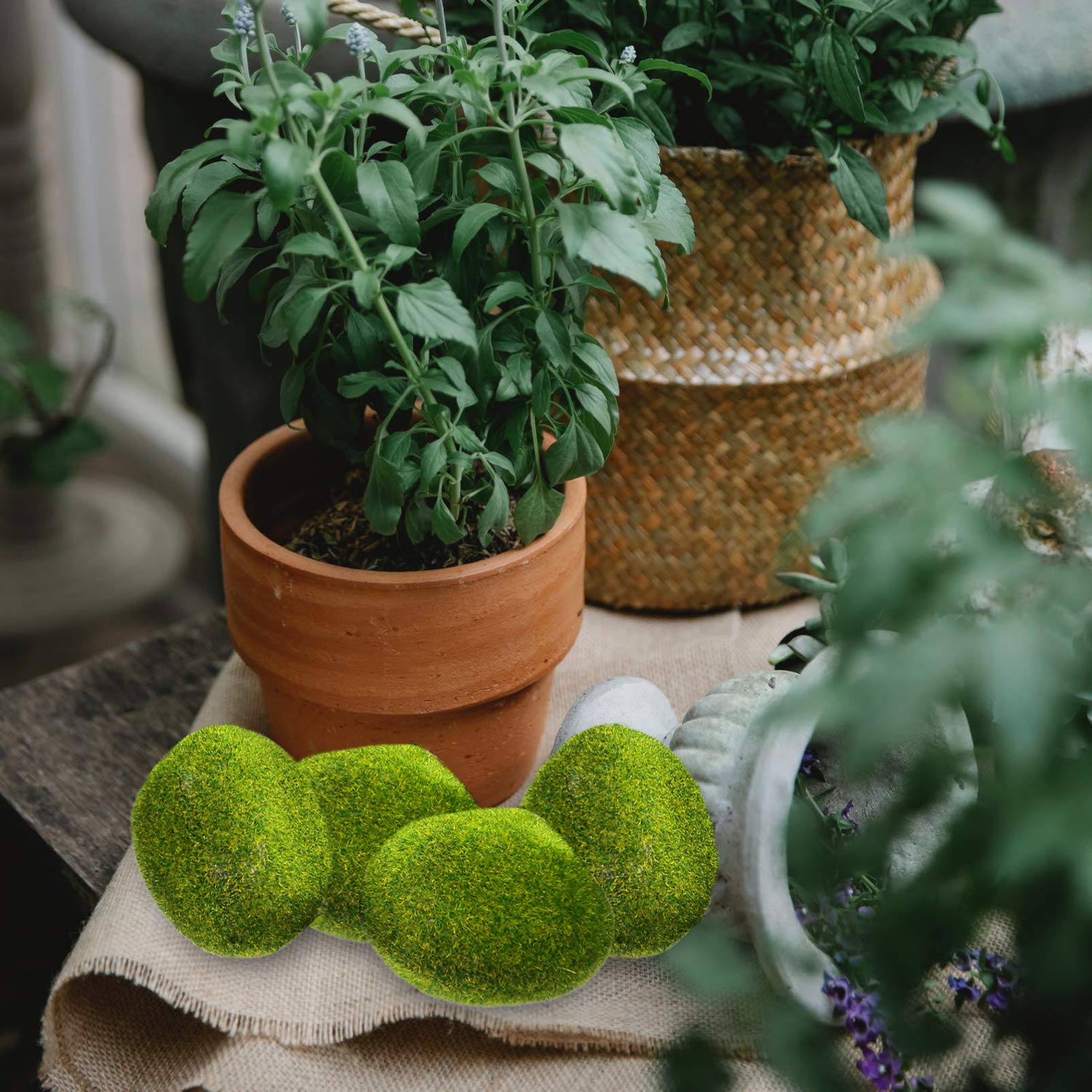 Sewroro Artificial Rocks 13pcs Decorative Faux Green Covered Stones Fake Balls Fake Decor for Garden Floral Arrangements DIY Floral Plant Potted Decoration