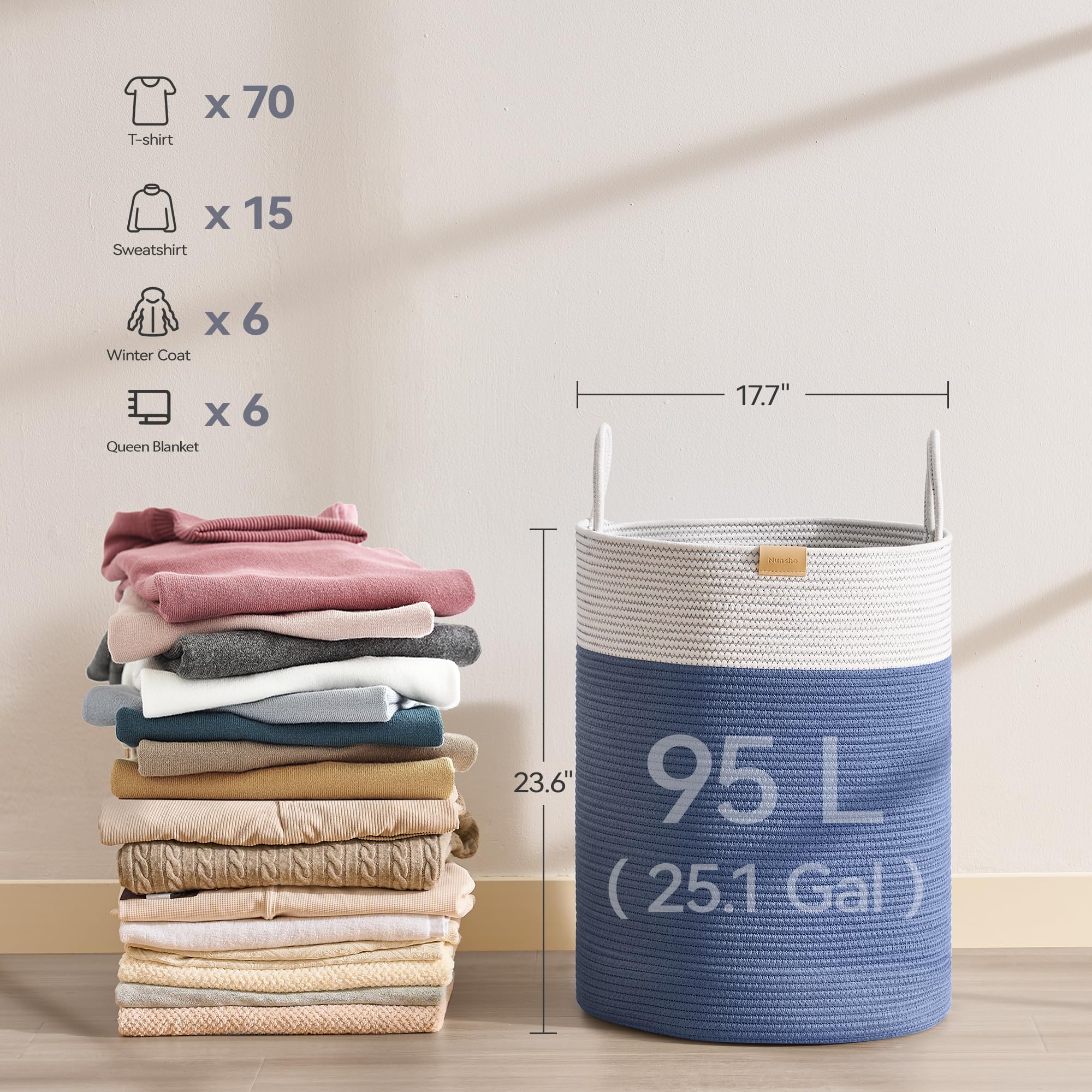 Nunsino Cesto portabiancheria con manici, 95 l, blu navy