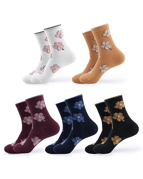 Kikiya Women's Cotton Crew Socks - Cute Flower Graphic Polka Dot Striped Heart Patterned - Ladies Girls Casual Socks Size 6-8