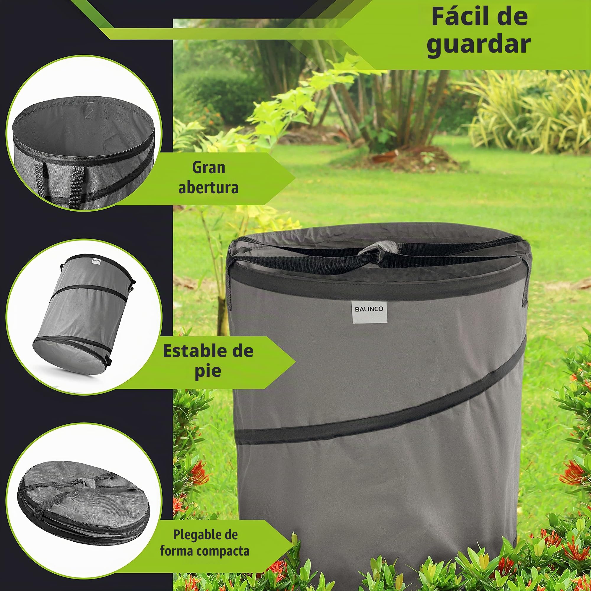 3x 170 litros saco de basura de jardín desplegable gris autoportante y estable | saco de hojas | bolsas de basura verdes plegable, grande de poliéster extremadamente robusto 220 g/m²