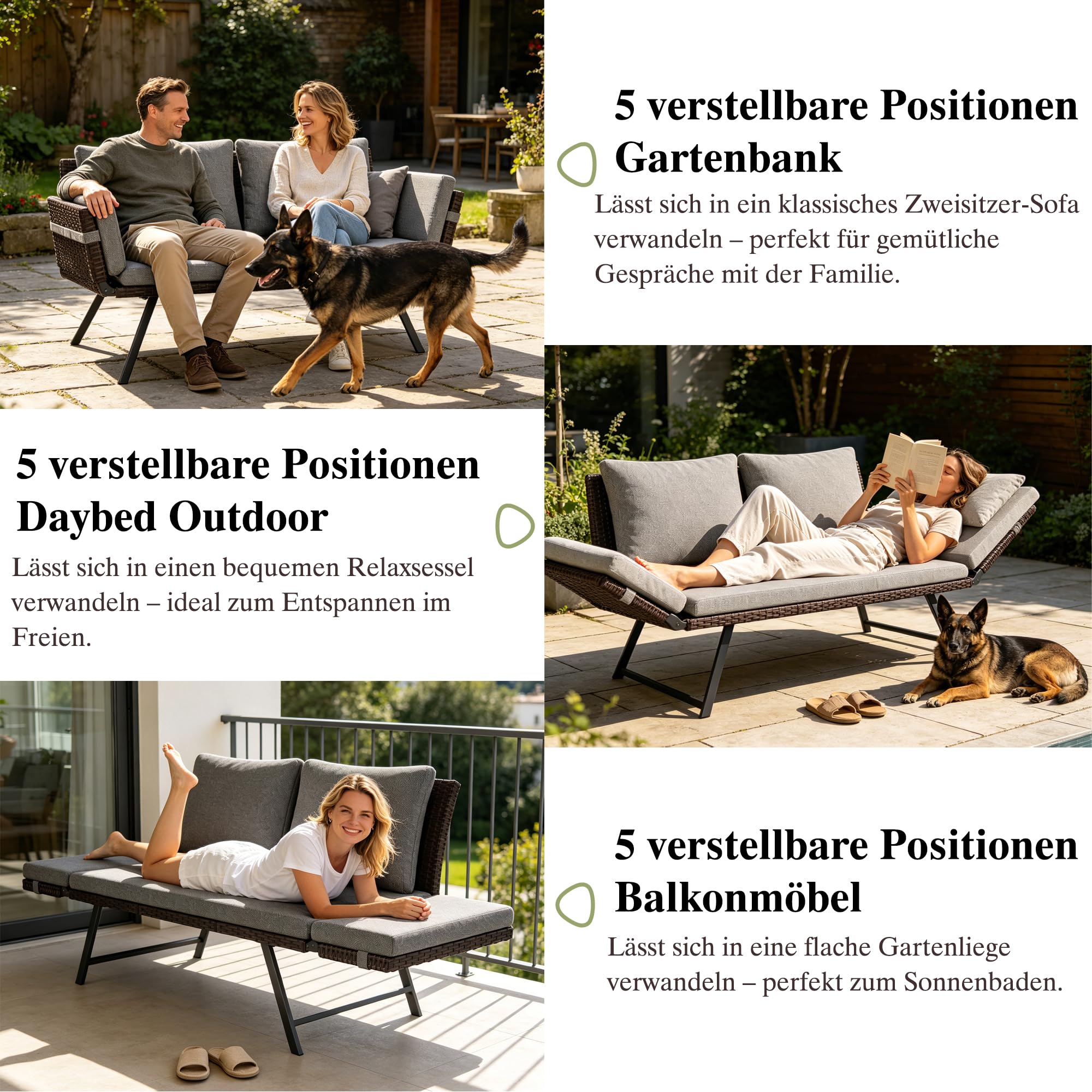 Fiutazge Polyrattan Loungesofa 2 Personen Kissen,Outdoor Daybed Gartenliege mit Verstellbare Armlehnen,Sitzbank mit Schlaffunktion,Gartenbett Balkonmöbel Set für Garten Terrasse-Grau
