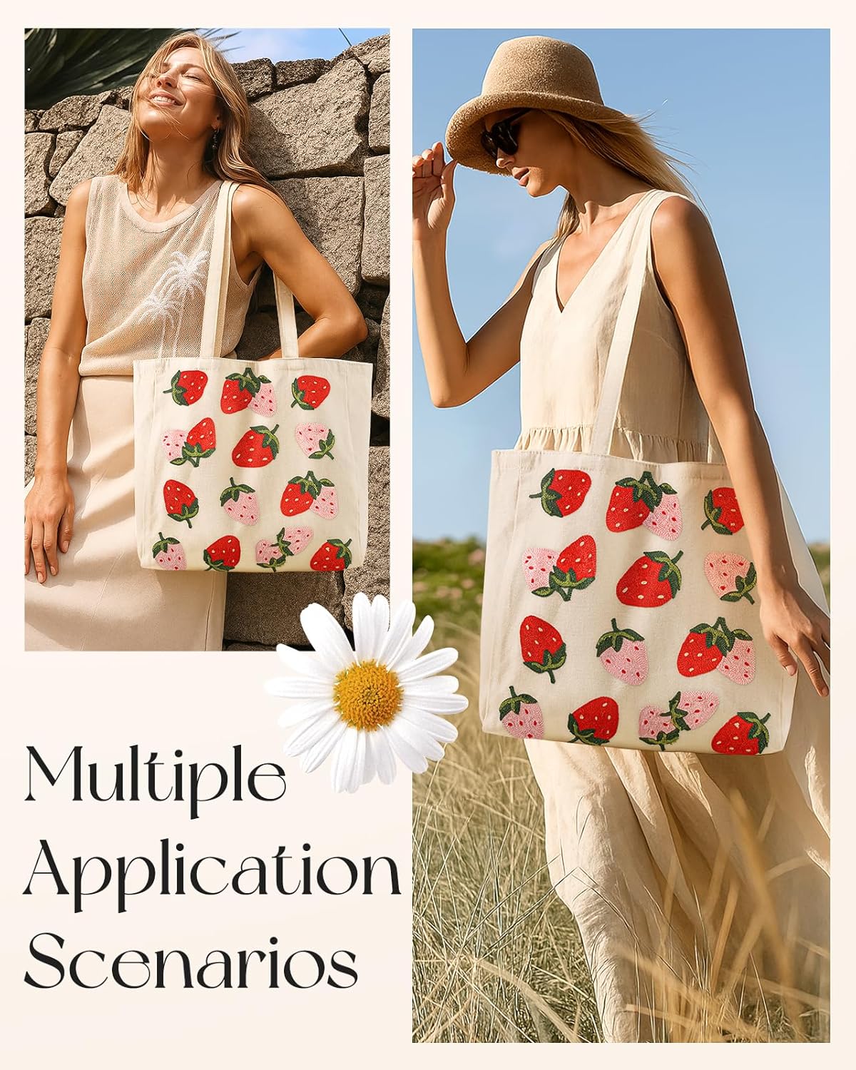 Embroidery Tote Bag with Pocket & Buckle - Reusable Canvas Tote for Women Cute Aesthetic Work Shopping Grocery Bag - Image 6