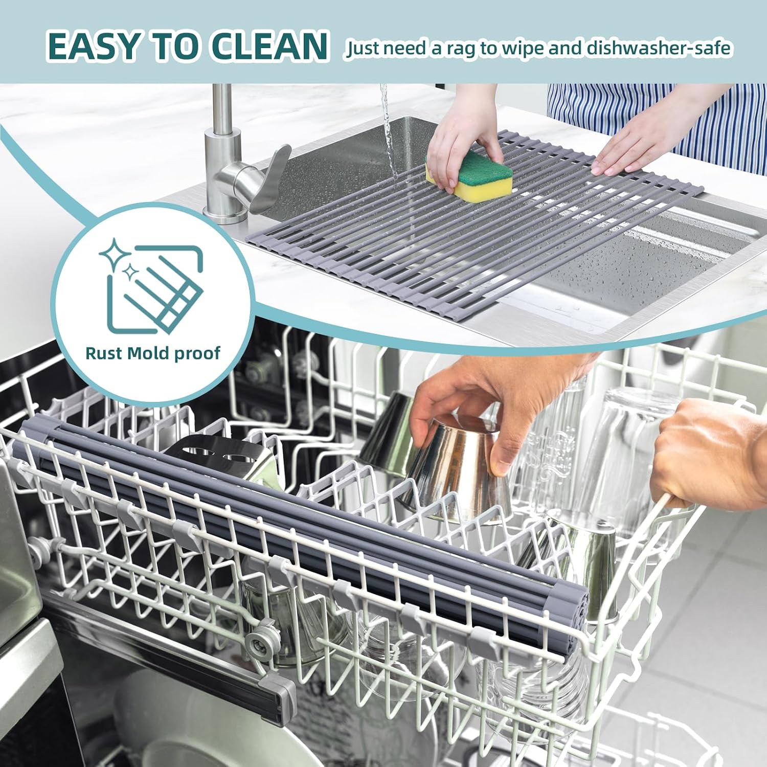 Ohuhu Roll Up Sink Rack, Over The Sink Dish Drying Rack, 20.5" W x 13.1" L Rolling Dish Drainer Foldable Sink Accessories Heat-Resistant Mat Anti-Slip Silicone Coated Dish Racks for Kitchen Counter