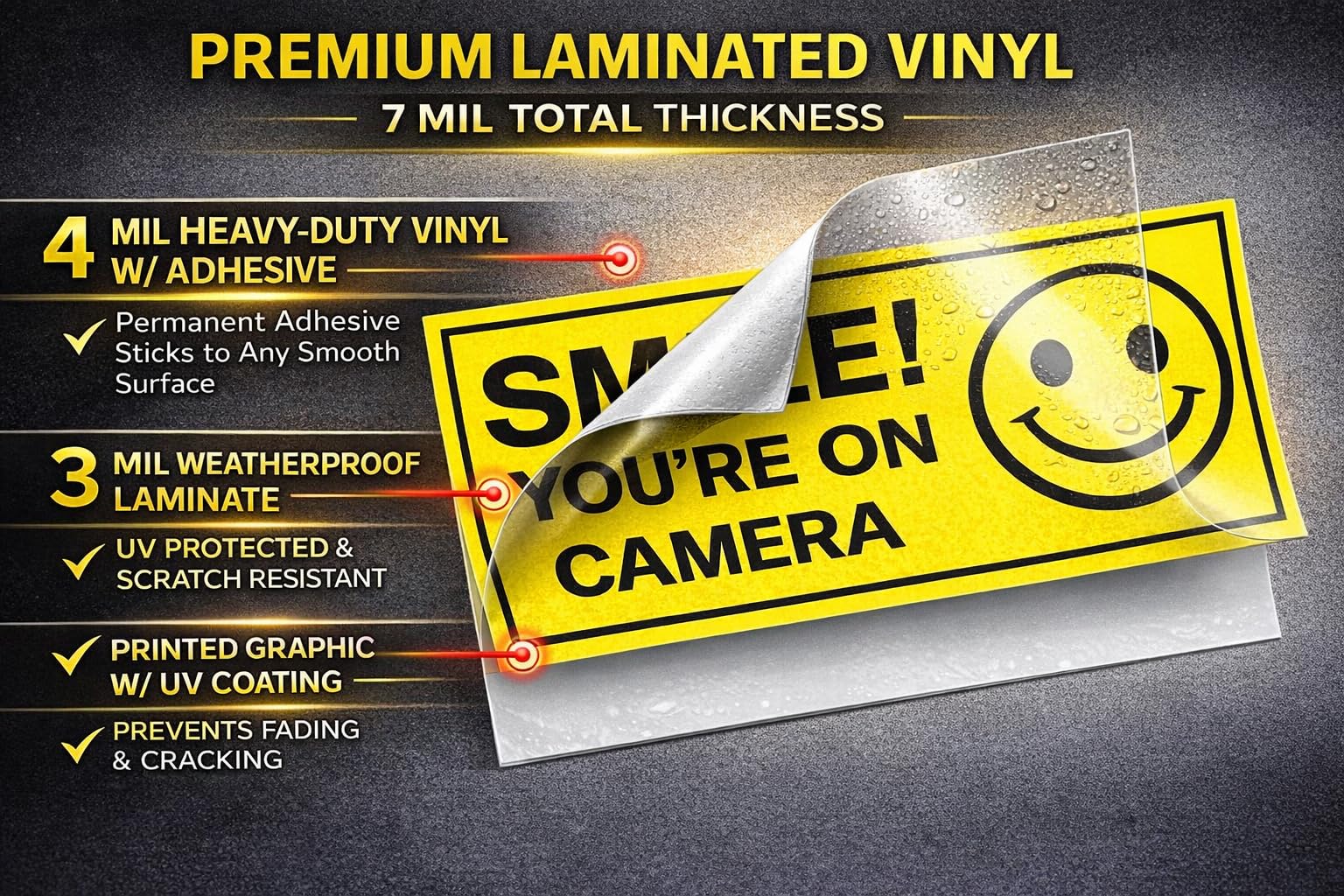 Zestaw 6 znaków Smile You're On Camera - 5 cm x 10 cm - 4 mil winyl - laminowany dla najlepszej ochrony i trwałości - samoprzylepna naklejka - ochrona przed promieniowaniem UV i odporna na warunki