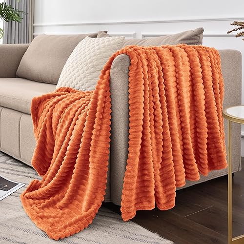 Miniatura 9 de BEDELITE Manta de otoño para sofá  Manta de jacquard acanalado 3D suave y cálida manta decorativa naranja, acogedora, afelpada, esponjosa, manta de